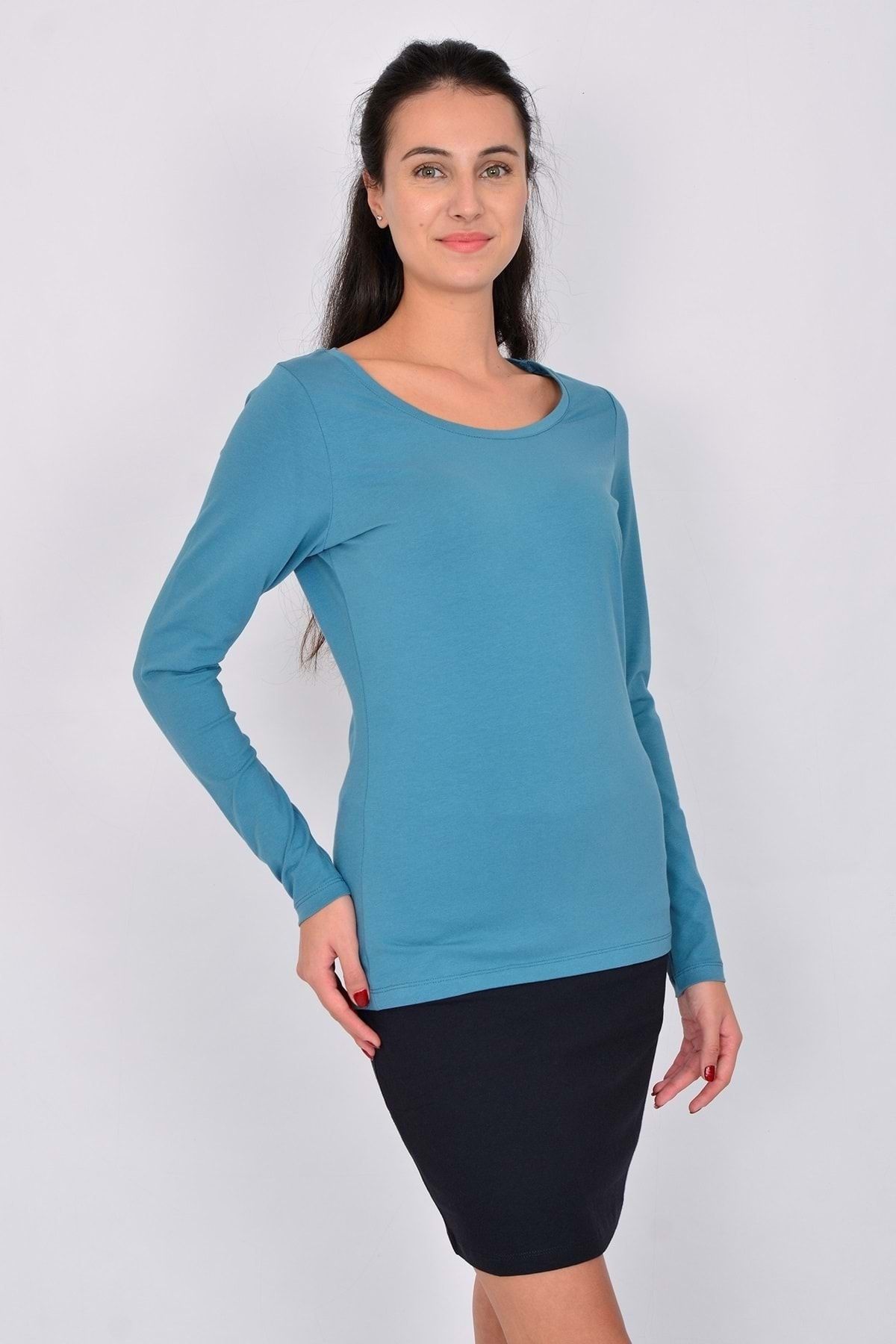 Letoile Pamuk Likralı Uzun Kollu Kadın T-shirt Mavi