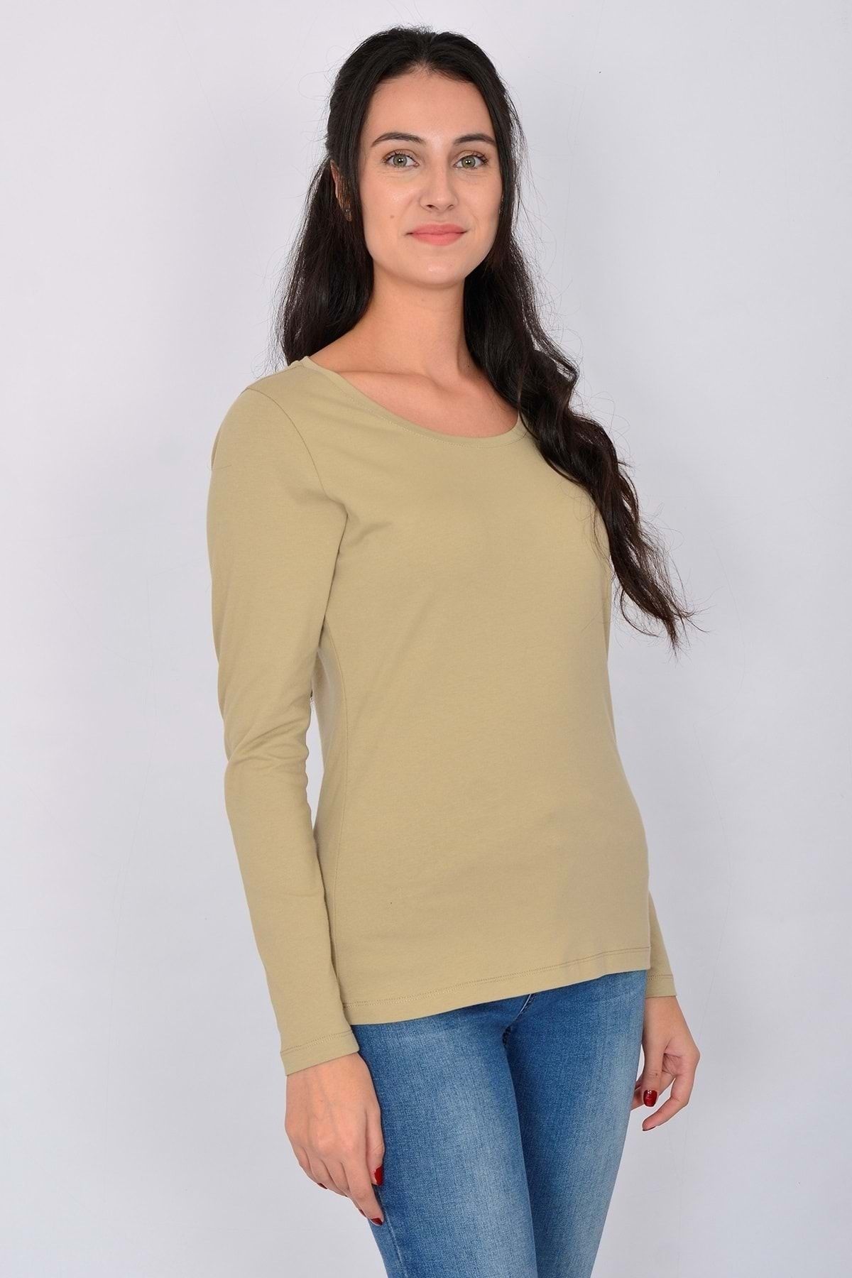 Letoile Pamuk Likralı Uzun Kollu Kadın T-shirt Bej