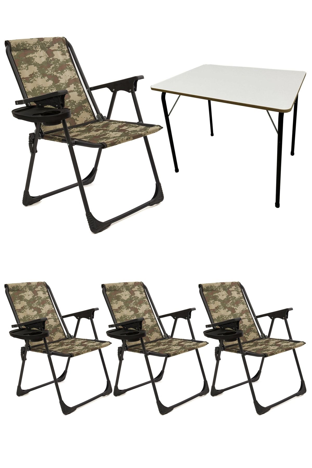 moniev Natura 4 Adet Kamp Sandalyesi Katlanır Piknik Sandalye Oval Bardaklıklı Kamuflaj Katlanır Mdf Masa