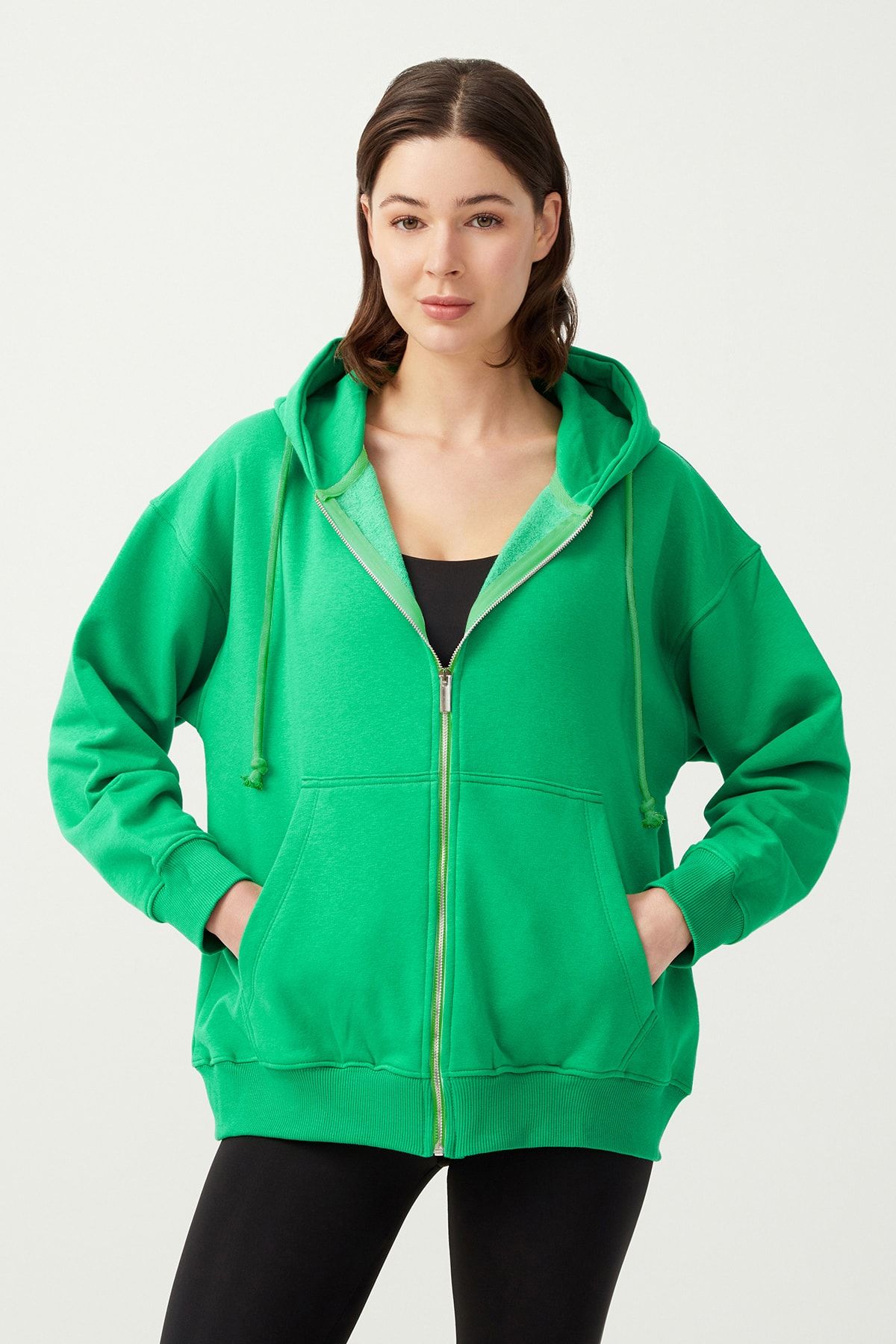 LOS OJOS Kadın Yeşil Kapüşonlu Oversize Şardonlu Fermuarlı Örme Sweatshirt