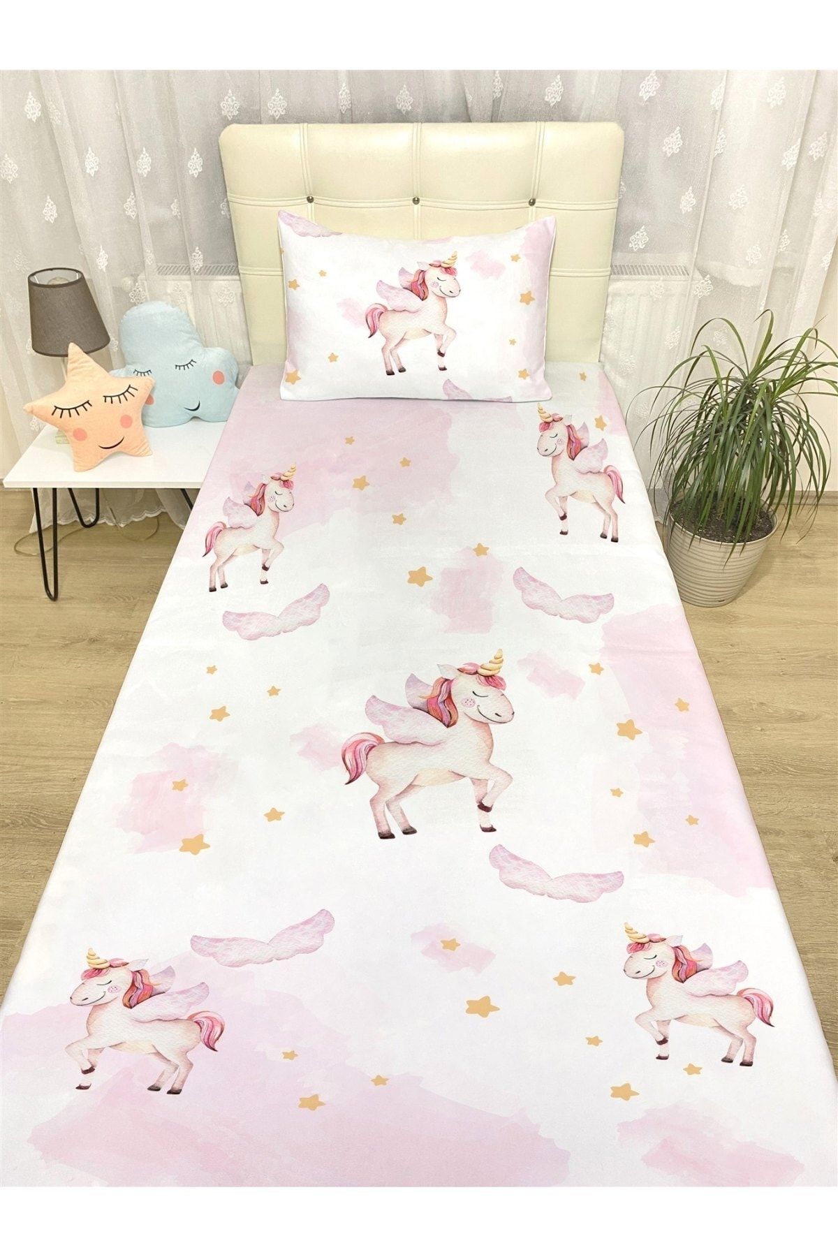 Evpanya Pembe Unicorn Desenli Yatak Örtüsü Ve Yastık Kılıfı