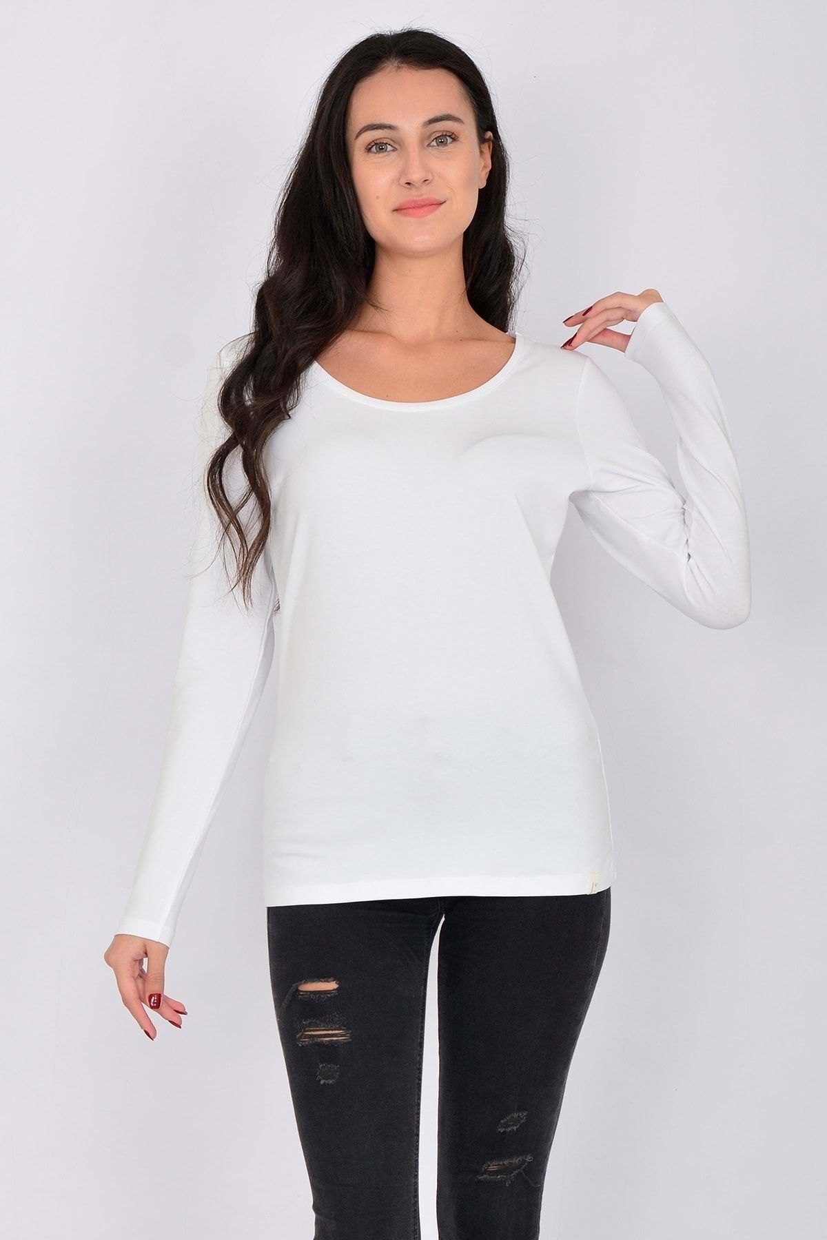 Letoile Pamuk Likralı Uzun Kollu Kadın T-shirt Beyaz