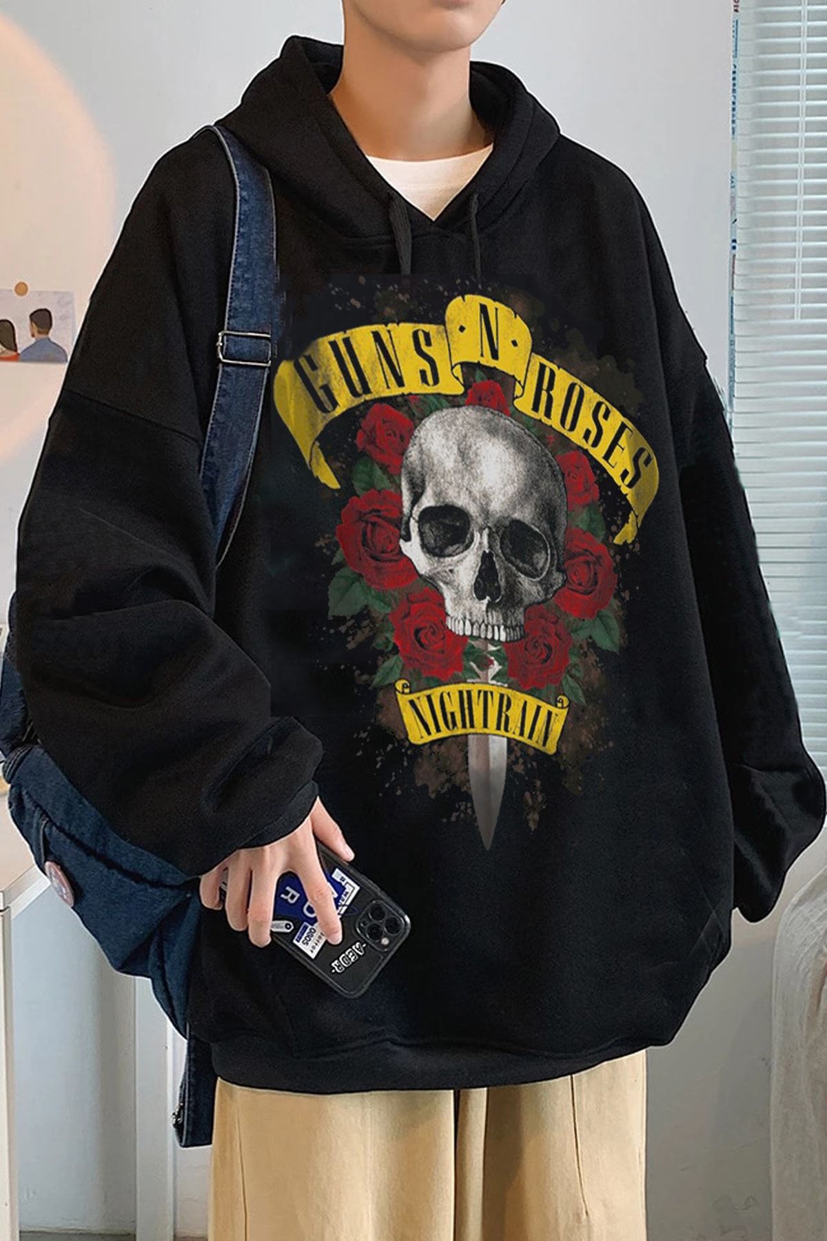 Freak Tshirt Siyah Renk Guns'n Roses Baskılı Geniş Kesim Içi Polar Kapüşonlu Metal Hoodie