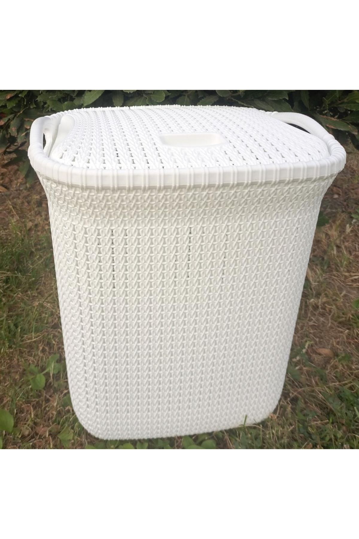 abnturk Örgü Stil Dizayn Kar Beyaz Kapaklı Çamaşır Sepeti 45x34-h64 Çok Amaçlı Büyük Malzeme Kutusu
