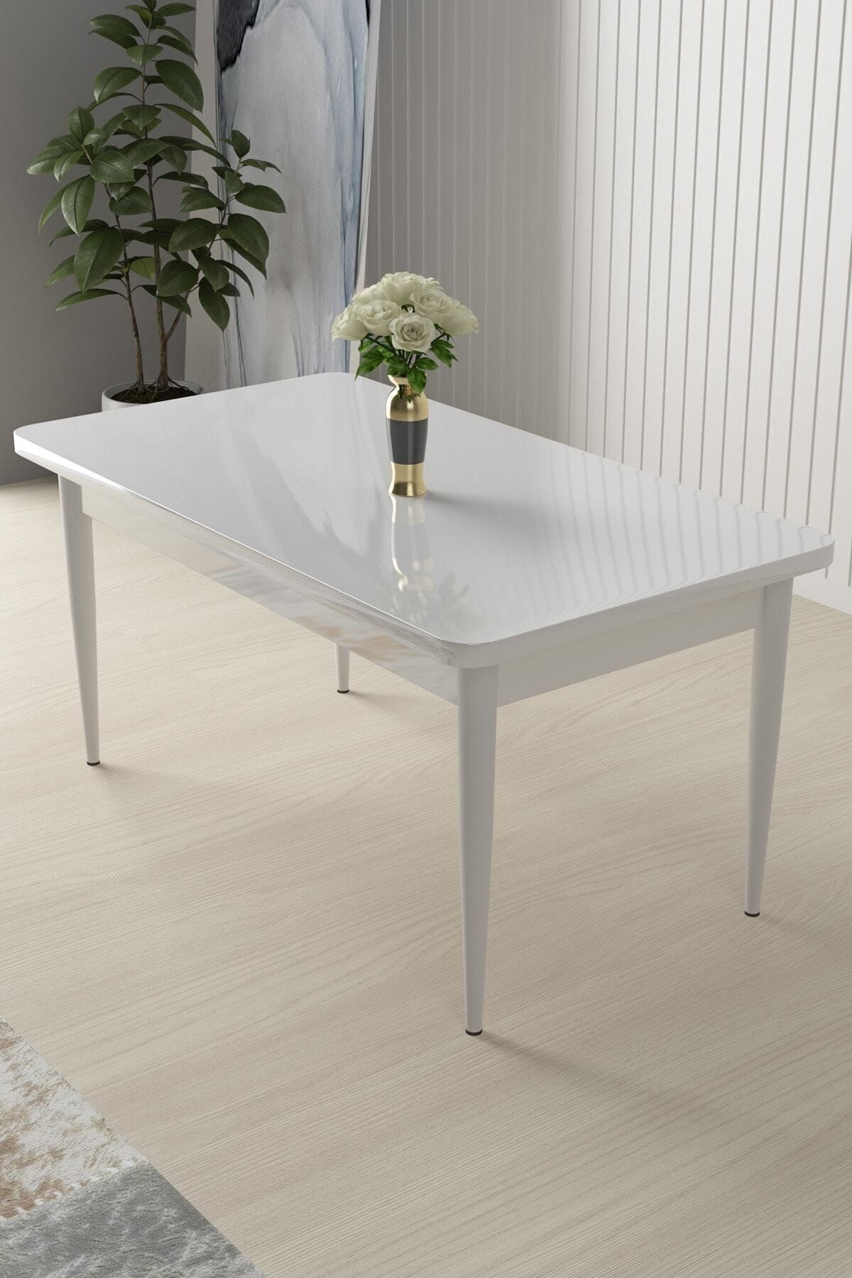 Canisa Concept Arp Serisi - Doğal Ahşap Ayaklı 71x110 Sabit Mutfak Masası Beyaz Masa