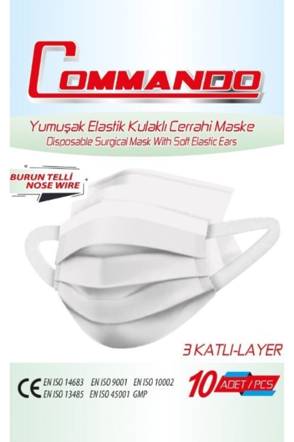 Commando Yumuşak Elastik Kulaklı 10'lu Beyaz Cerrahi Maske