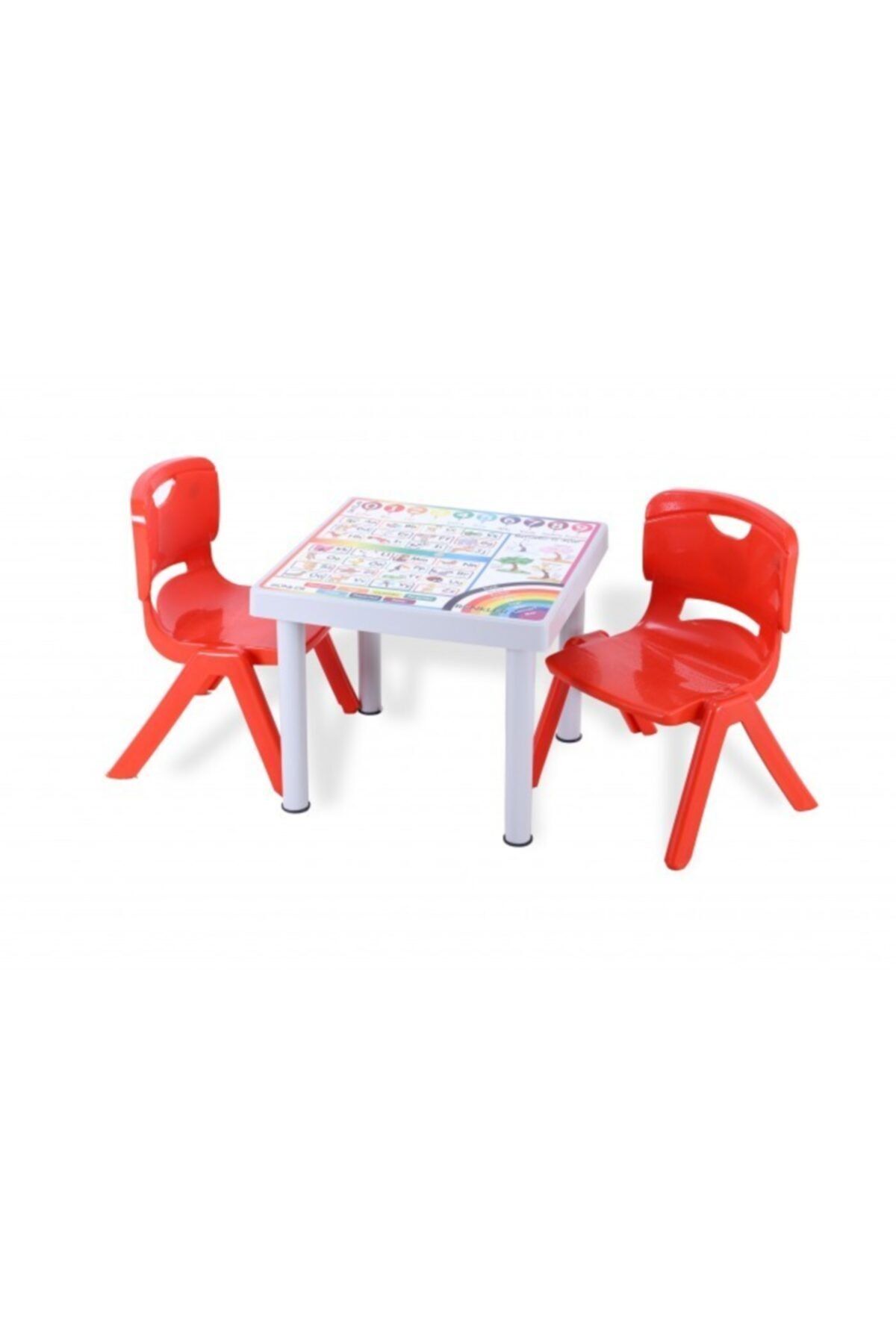 Sağlam Plastik Mandella Rubi Ingilizce Desenli Çocuk Masası 2 Adet Nova Orta Çocuk Koltuk Kırmızı