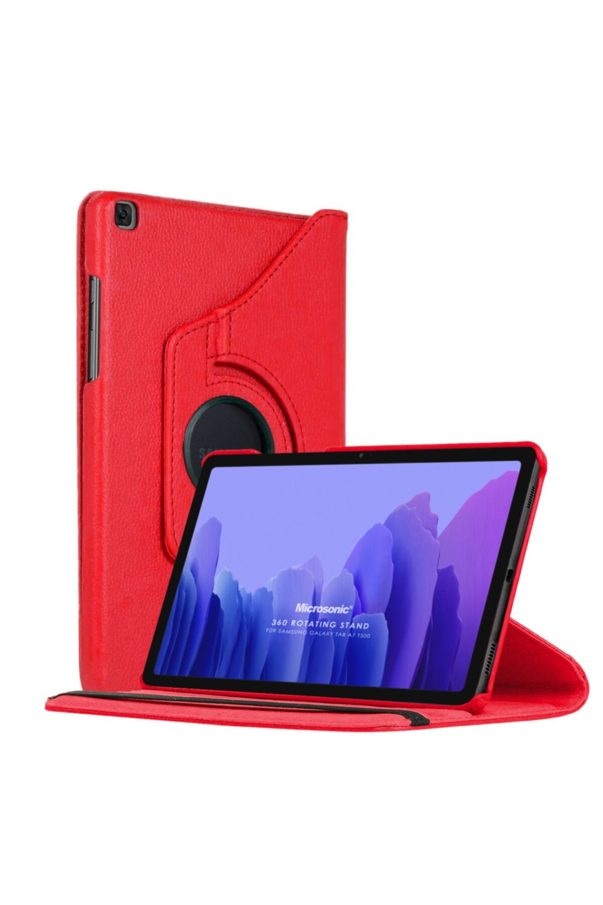Microsonic Galaxy Tab A7 T500 Uyumlu Kılıf 360 Rotating Stand Deri Kırmızı