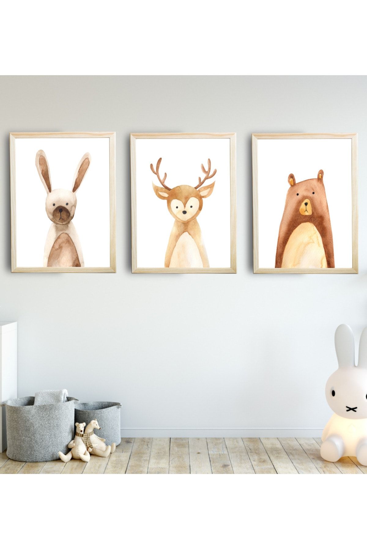SUNNYFUNNYKIDS Bebek Çocuk Odası Tablo Tavşan Ayı Geyik 3'lü Naturel Renk Doğal Ahşap Çerçeveli Set 21x30 Cm