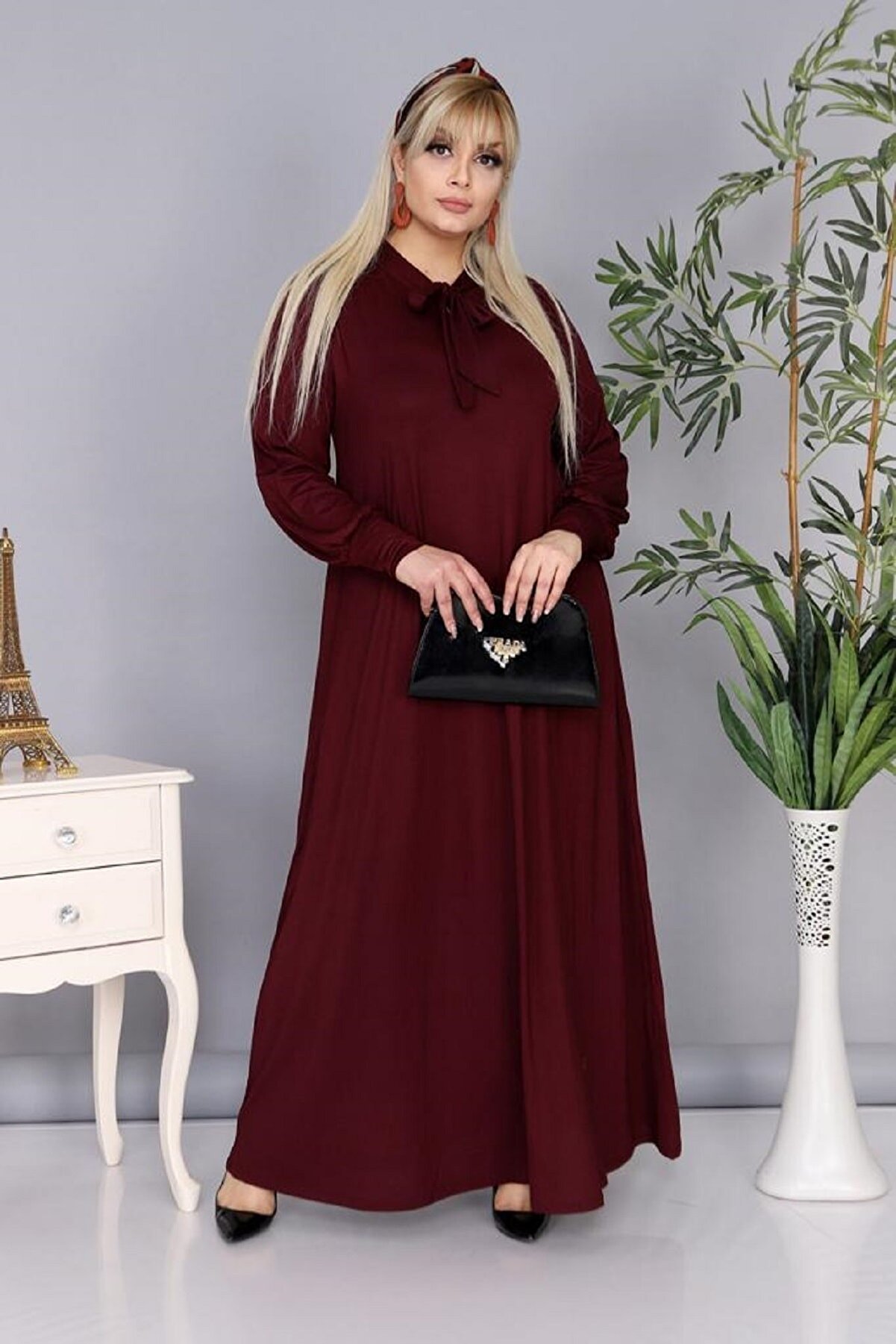 Şirin Butik Kadın Büyük Beden Bordo Renk Kravat Yaka Detaylı Viskon Elbise