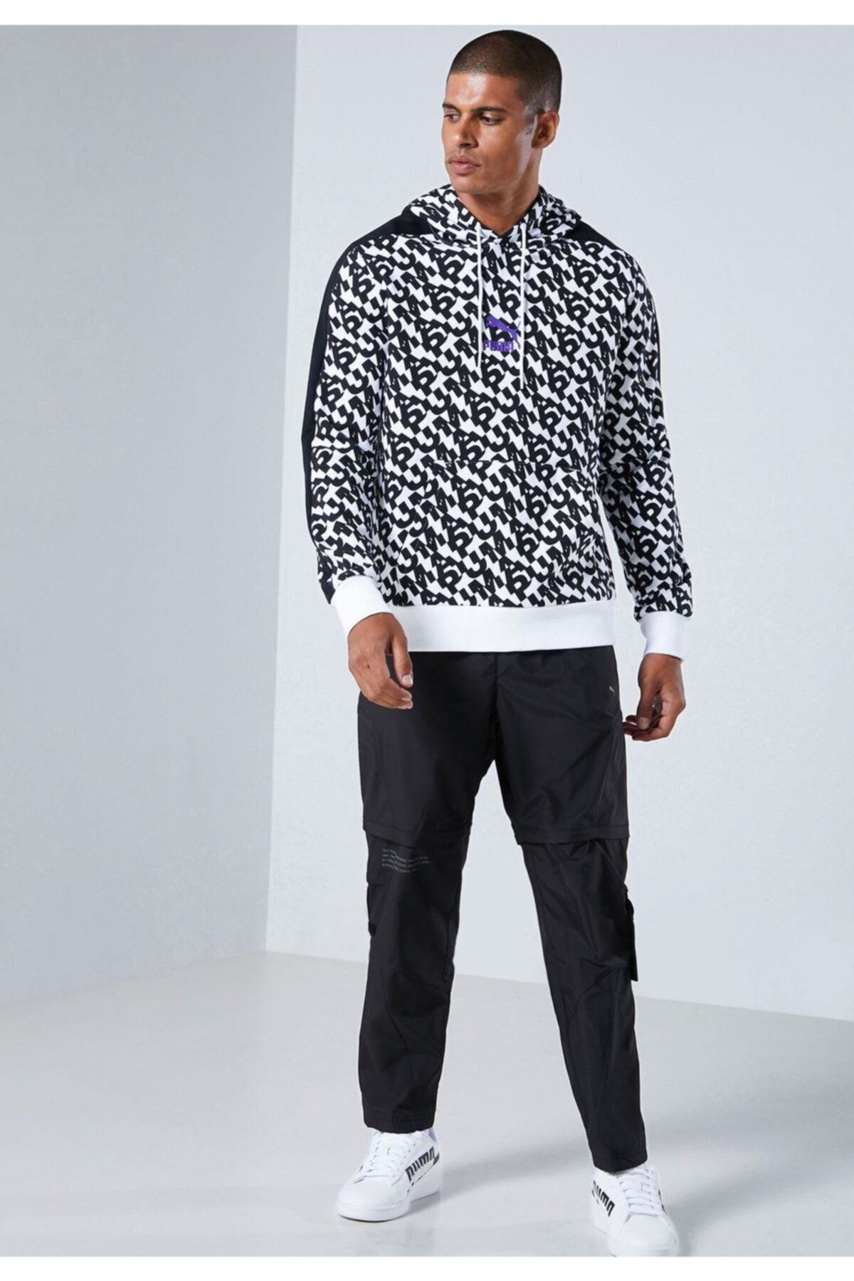 Puma Erkek Beyaz Classics Aop Logo Hoodie  Sweatshirt
