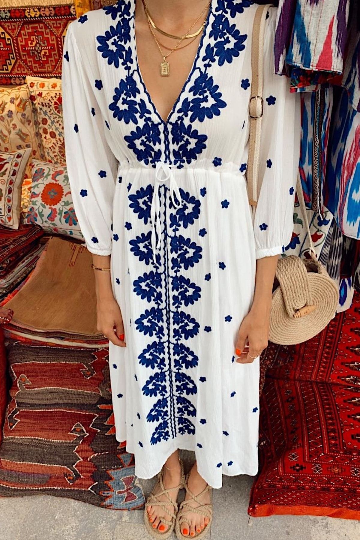 FEMELLE Kadın Mavi Nakışlı Etnik Desen Otantik Elbise