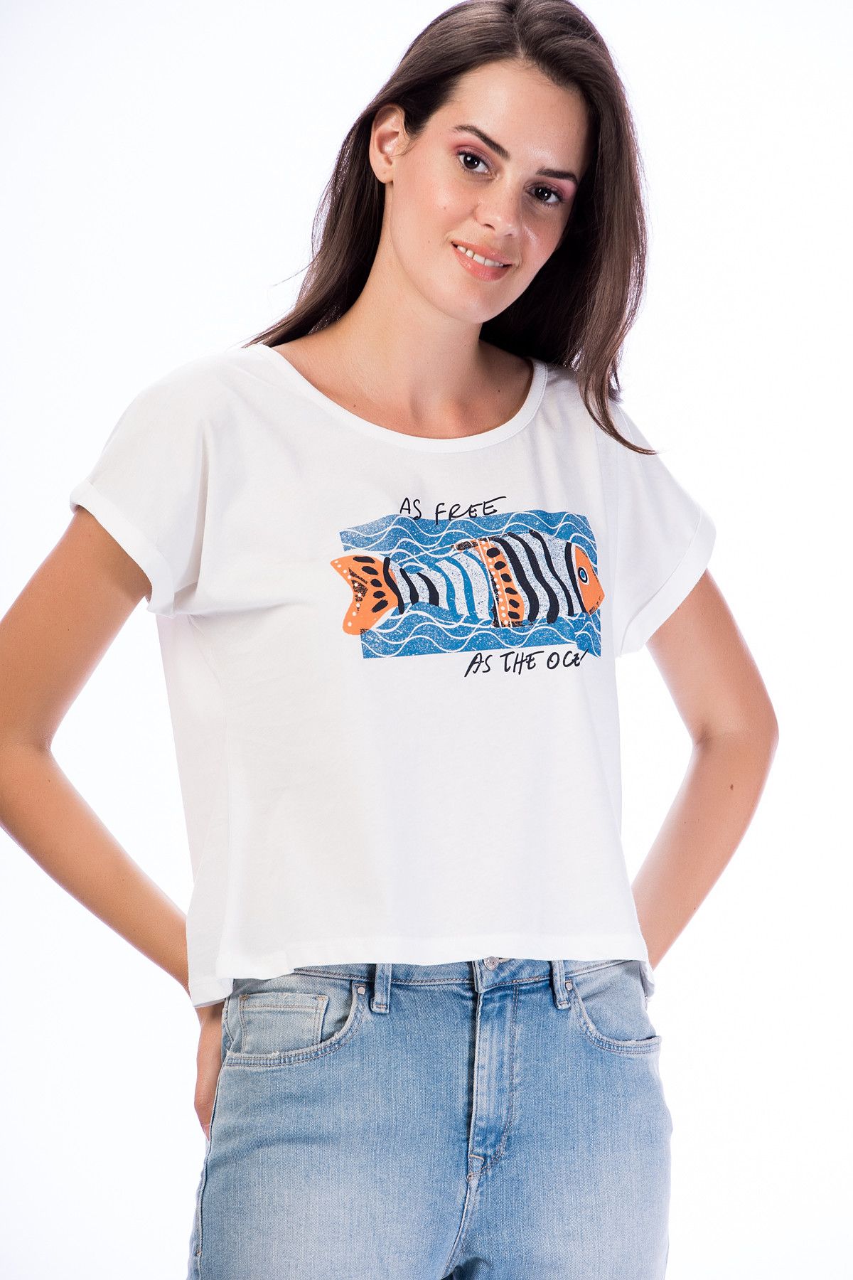 Mavi Kadın Balık Baskılı Beyaz T-Shirt 167094-25705