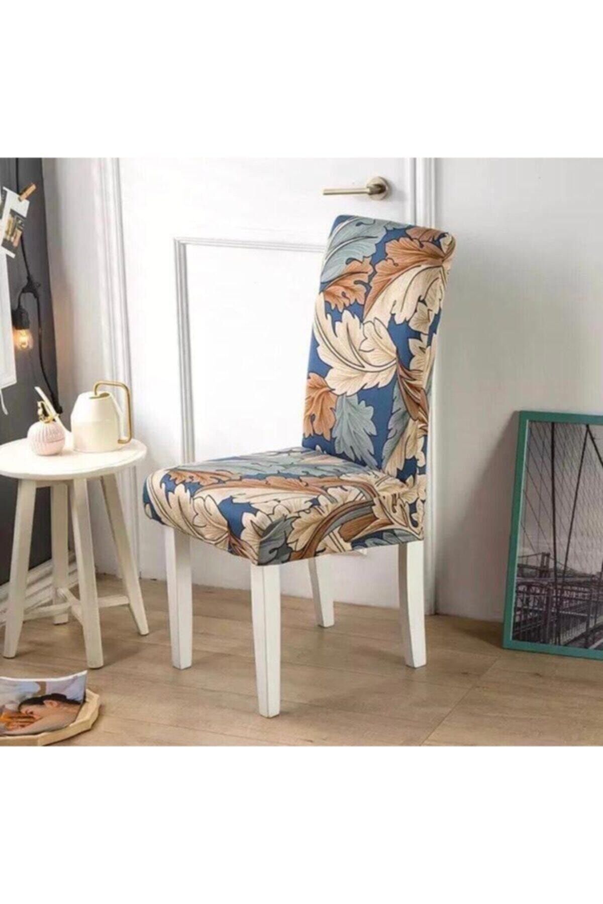 elgeyar Desenli Kadife Sandalye Kılıfı Sandalye Örtüsü Lastikli Mavi Yaprak Desen 1 Adet