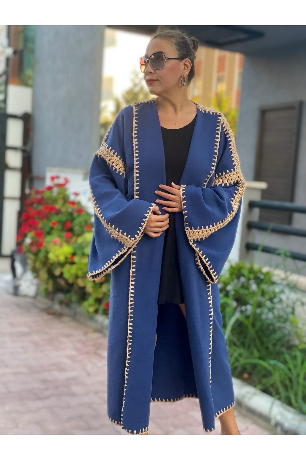 cicekartstudio Kadın Mavi Polar Kimono Palto