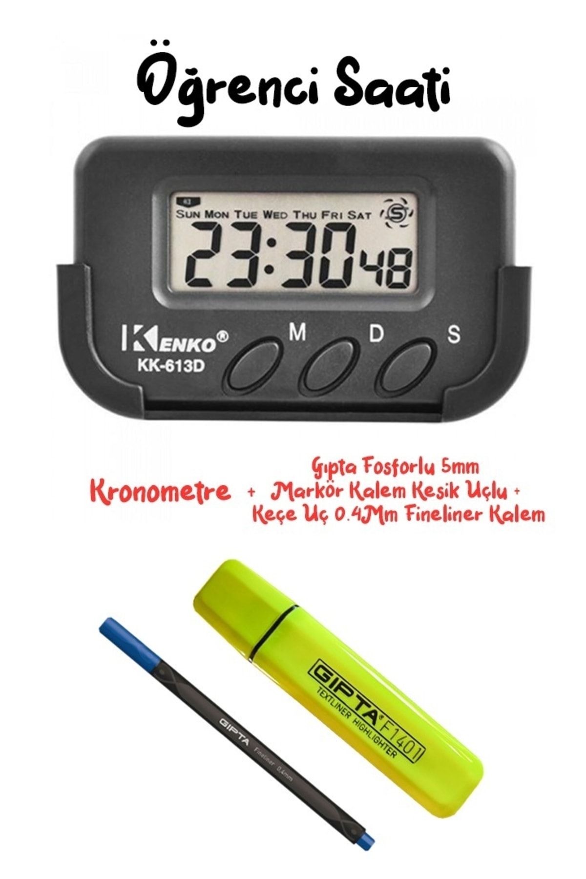 Kenko Pomodoro Öğrenci Saati Kronometreli Ders Çalışma Saati - Gıpta Fosforlu Kalem + Fineliner Kalem