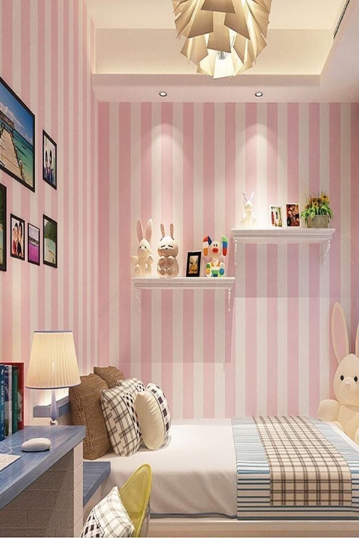 New Age Kalın Çizgili Açık Pembe Beyaz Duvar Kağıdı (5 M²)  7960