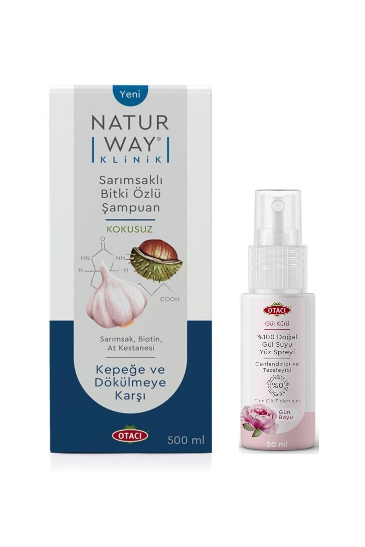 Otacı Naturway Klinik Sarımsaklı Şampuan 500 Ml + %100 Doğal Gül Suyu Yüz Spreyi 50ml