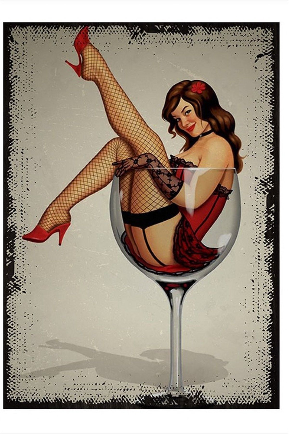 ekart Fileli Çoraplı Şarap Bardağına Oturan Kadın Dekoratif Ahşap Tablo 15cmx 22cm
