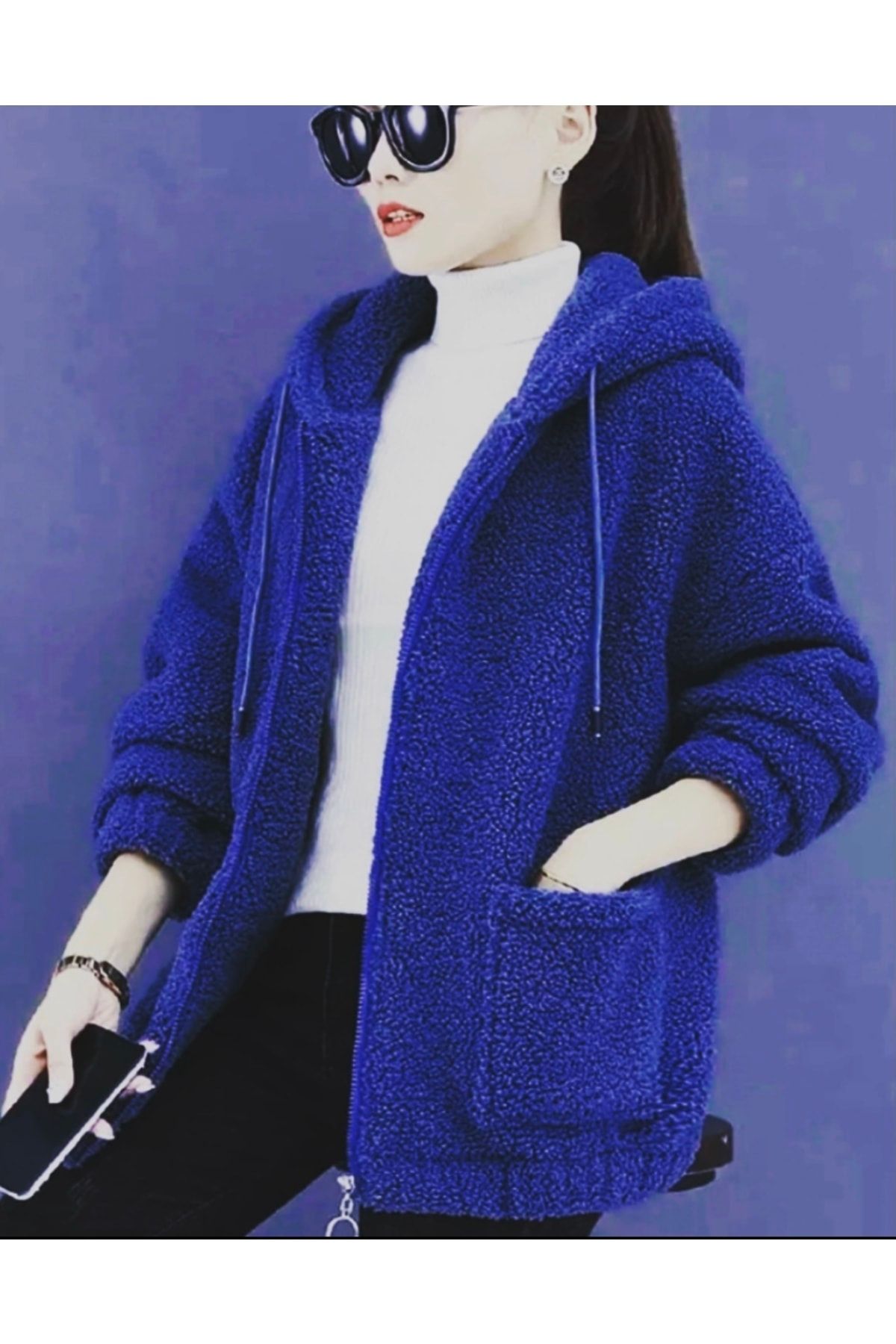 LADY FACE Özel Tasarım Kapüşonlu Tam Fermuarlı Peluş Polar Kışlık Kadın Sweatshırt-ceket