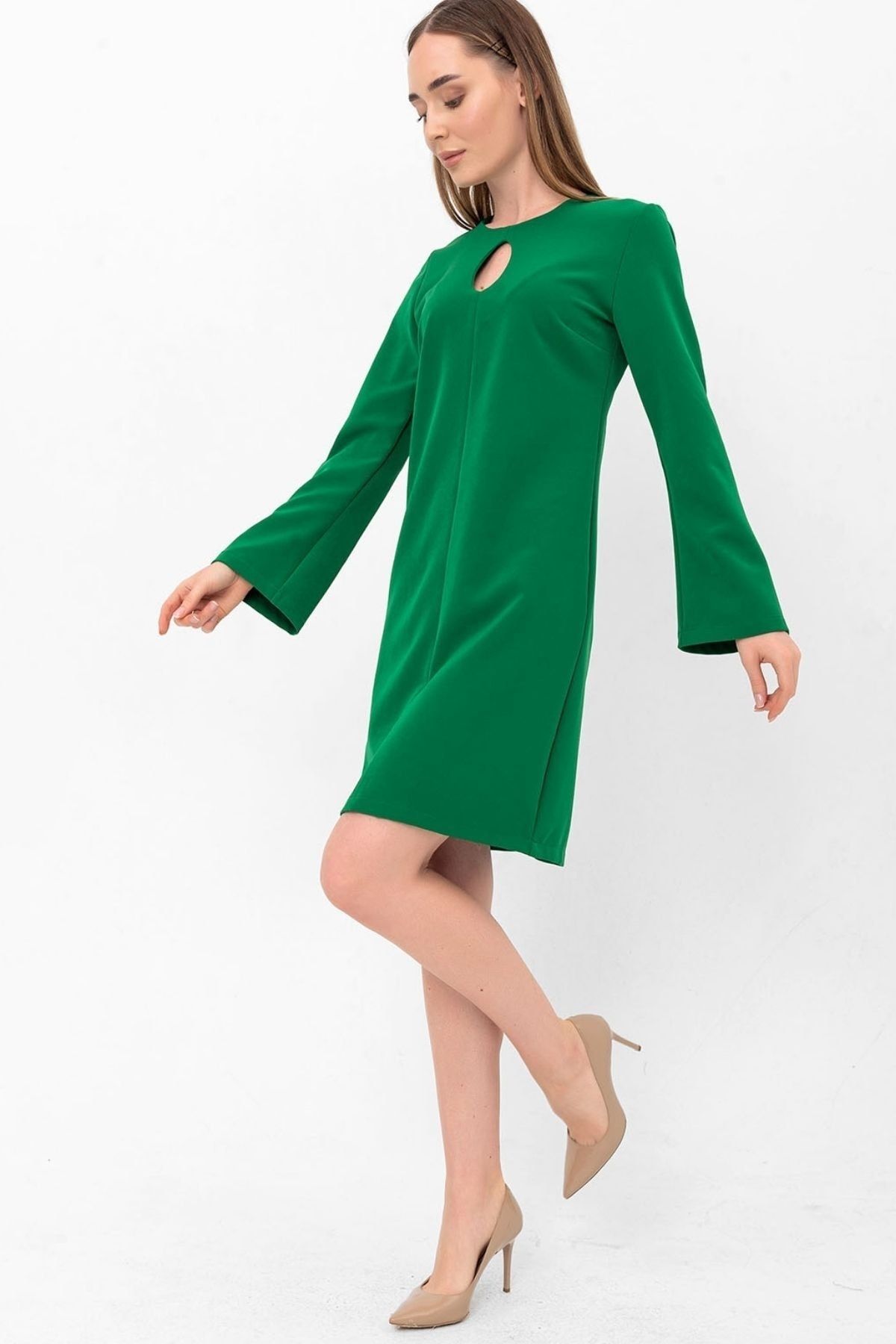 Laranor Yeşil Damla Yaka Yarım Ispanyol Kol Krep Elbise
