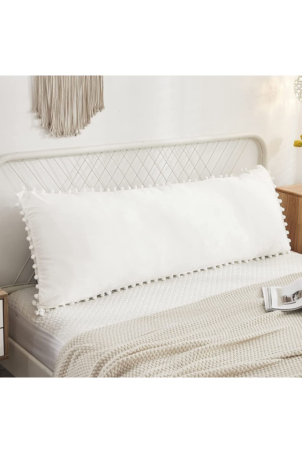 Tinybabyconcept Natural Pamuklu Beyaz Uzun Yastık Kılıfı Ponpon Kenarlı Decor Hamile Yastığı 50x135 Cm