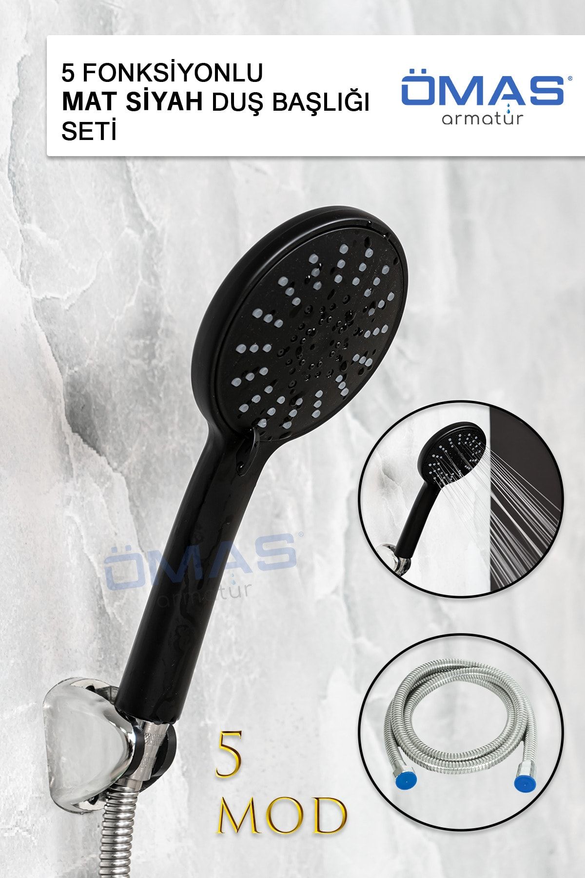 ÖMAS Otomasyon 5 Fonksiyonlu Mafsallı Mat Siyah Duş Başlığı Seti, Mat Siyah Duş Başlığı Mafsal Hortum Duş Seti