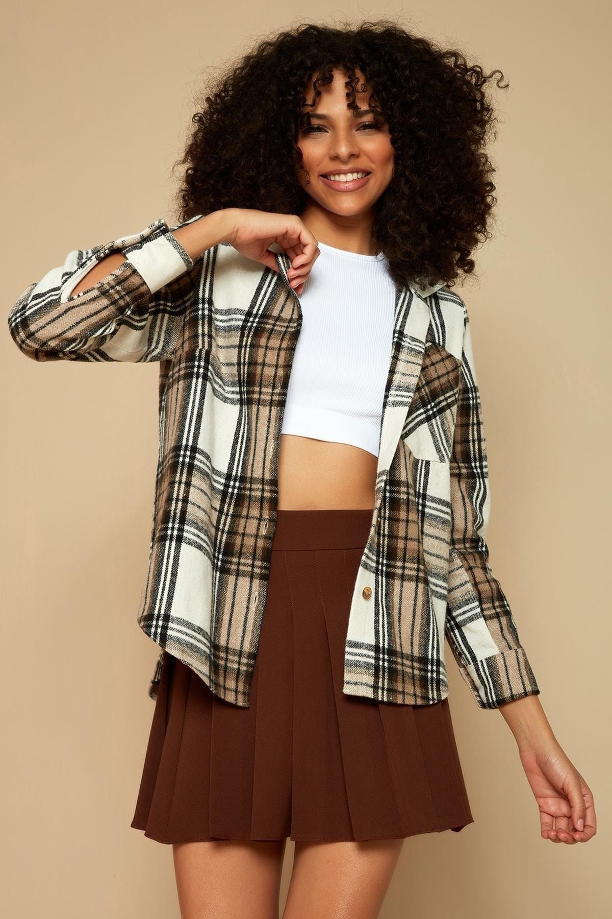 Select Moda Kadın Kahverengi Kapüşonlu Oduncu Gömlek