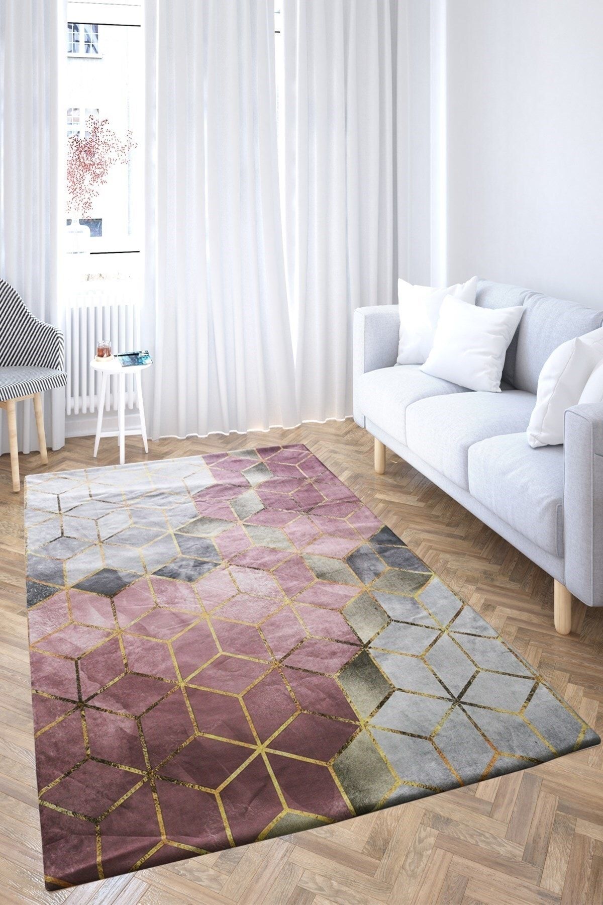 Nur Home Tekstil Pembe Baklava Desenli 4m2, 5m2, 6m2 , Kaymaz, Dijital Baskılı Mutfak Salon Lastikli Halı Örtüsü