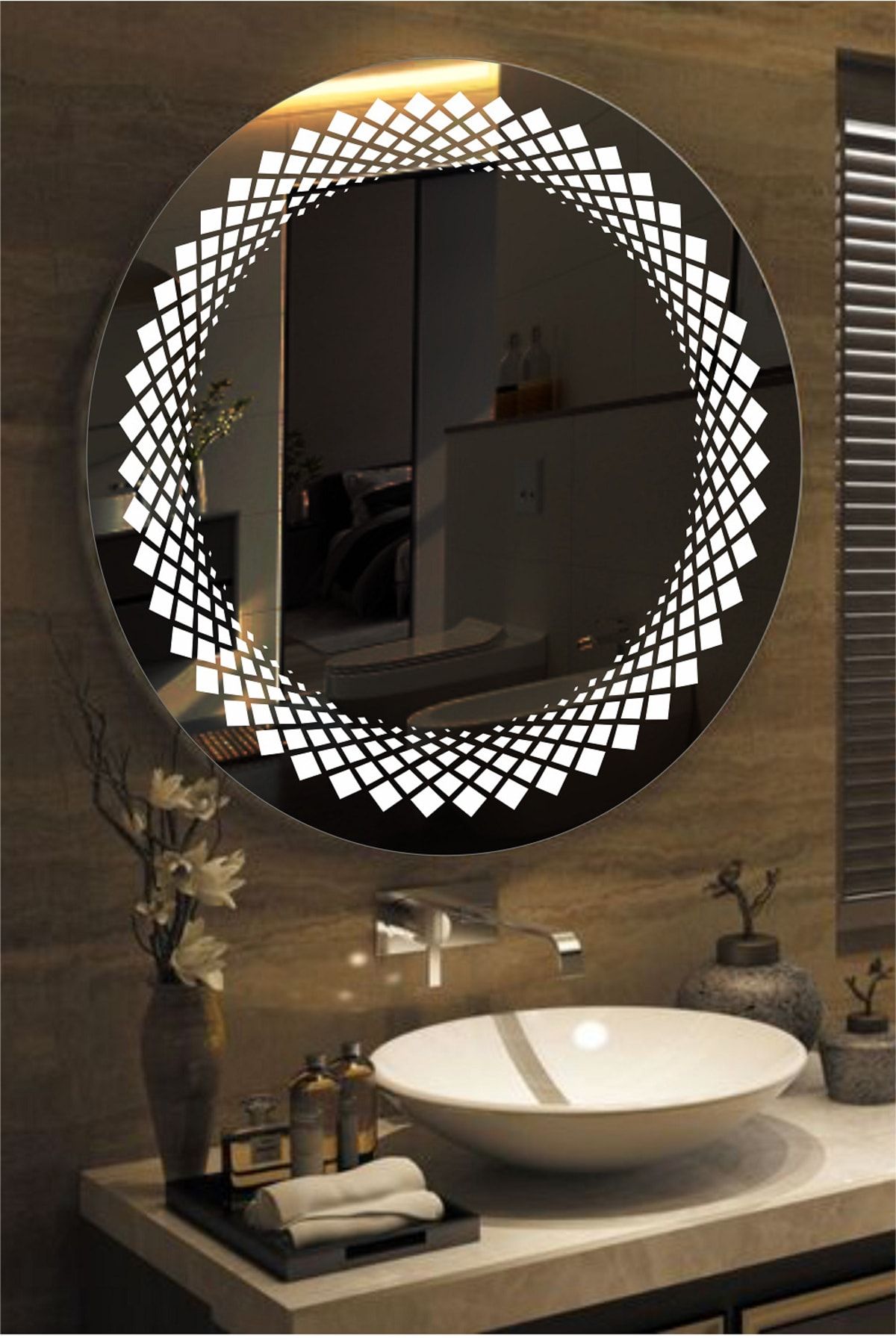 KaraçamDekor Lazer Kumlamalı Ledli Yuvarlak Ayna