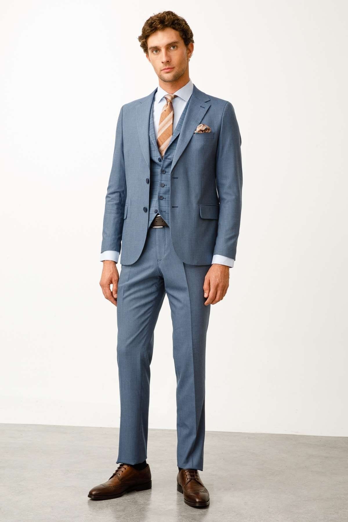 İgs Erkek Mavi Regularfıt / Rahat Kalıp Geniş Mono Kombinli Takım Elbise