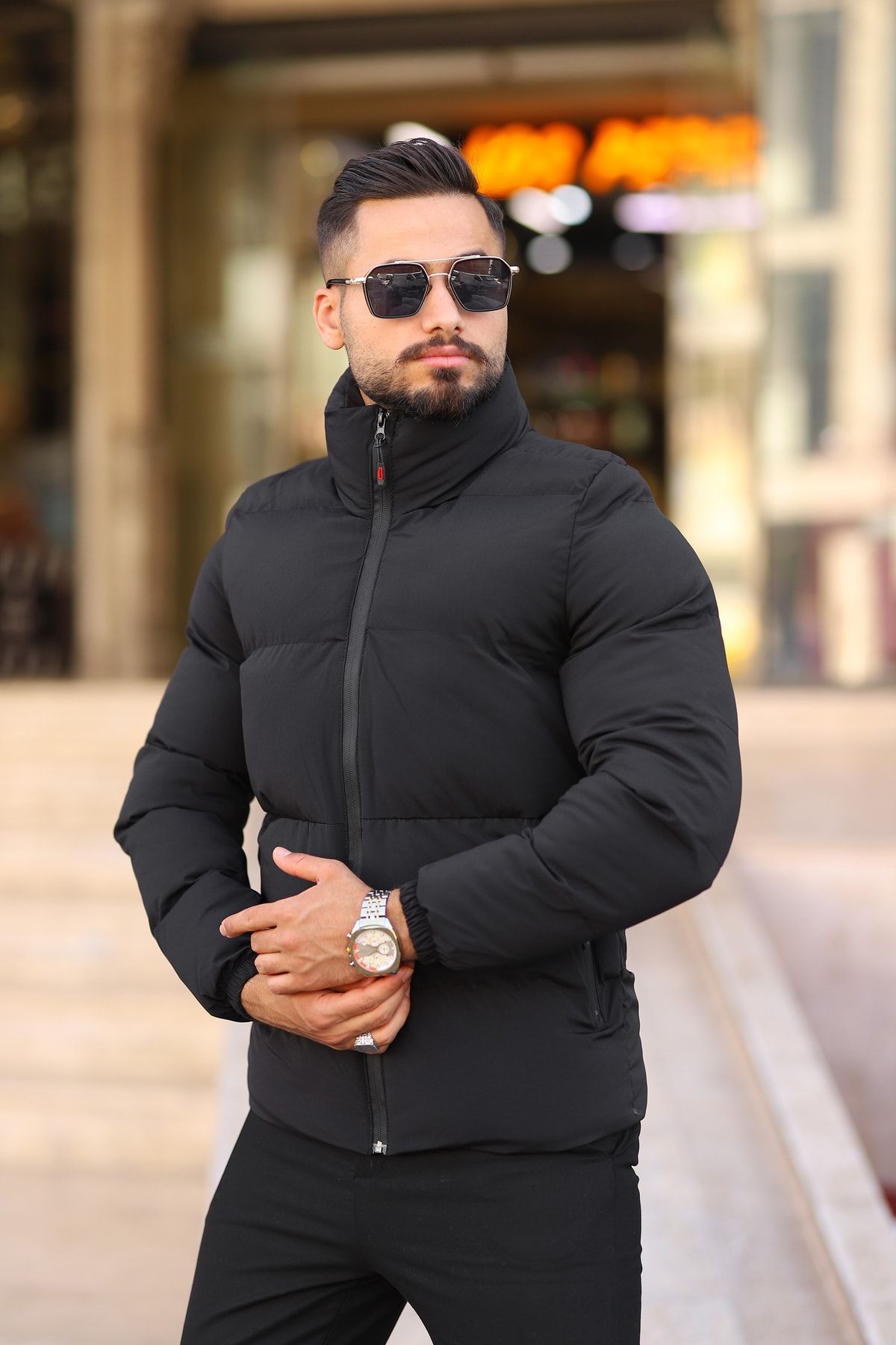 S&M CLOTHİNG Erkek Siyah Şişme Mont