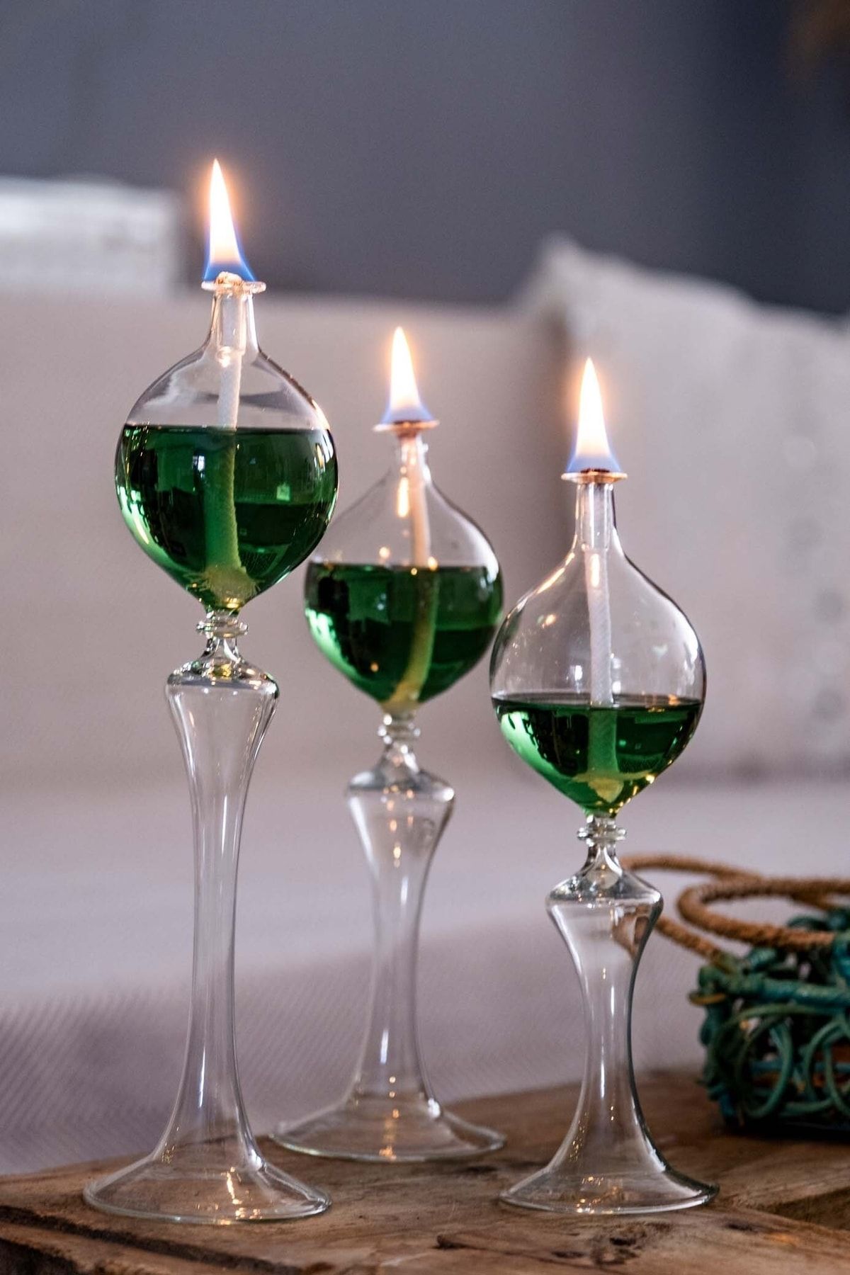 Shabbo Glass Drops Ayaklı Cam Kandil 3'lü Set Kandil Yağı Zümrüt Yeşili