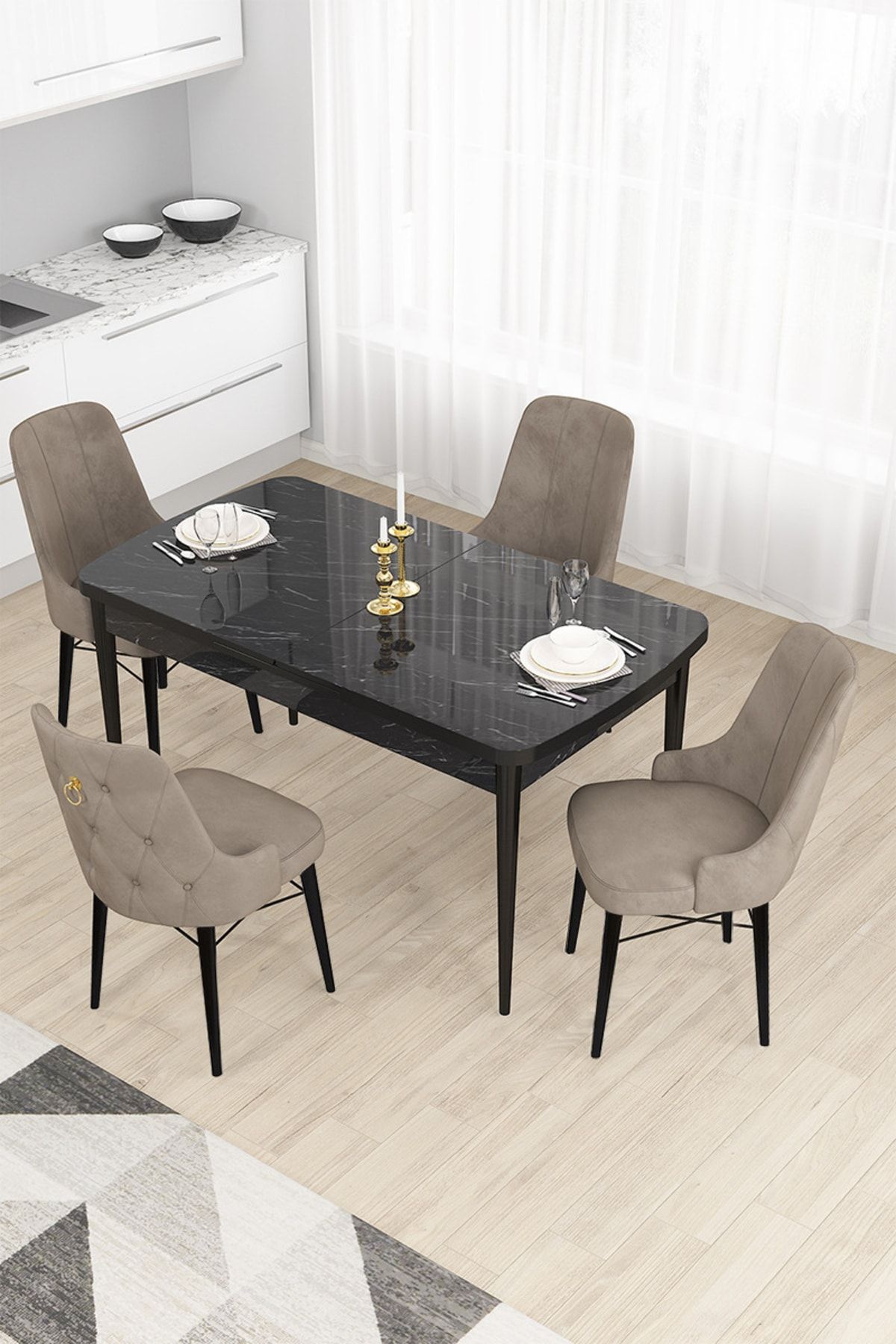Canisa Concept Taç Serisi, 80x132 Siyah Mermer Desen Yemek Masası Takımı, 4 Cappucino Sandalye Gold Halkalı