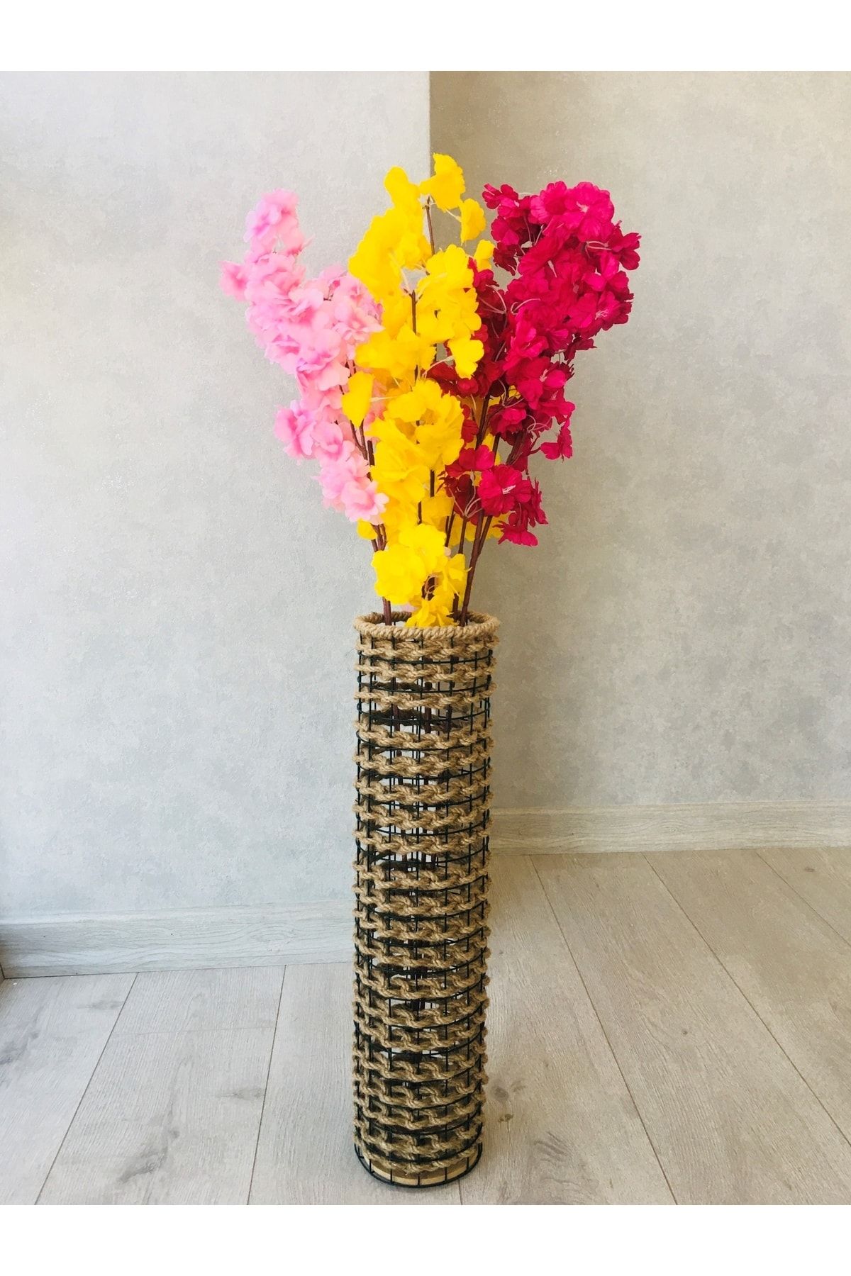 Asenya Hasır Örgü Vazo 60 Cm Ters Örgülü Tasarım Vazo Çiçeklik Yapay Çiçek Vazosu Dekoratif Saksı