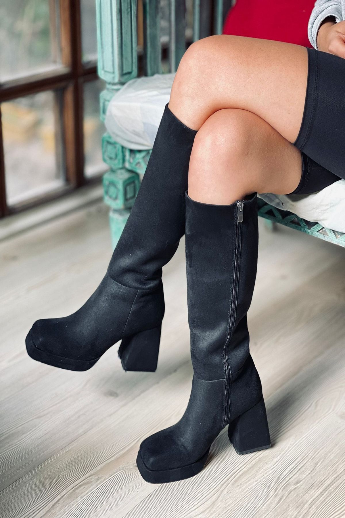 Rainon Store Mida Shoes Gigi Siyah Süet Diz Altı Kadın Topuklu Çizme