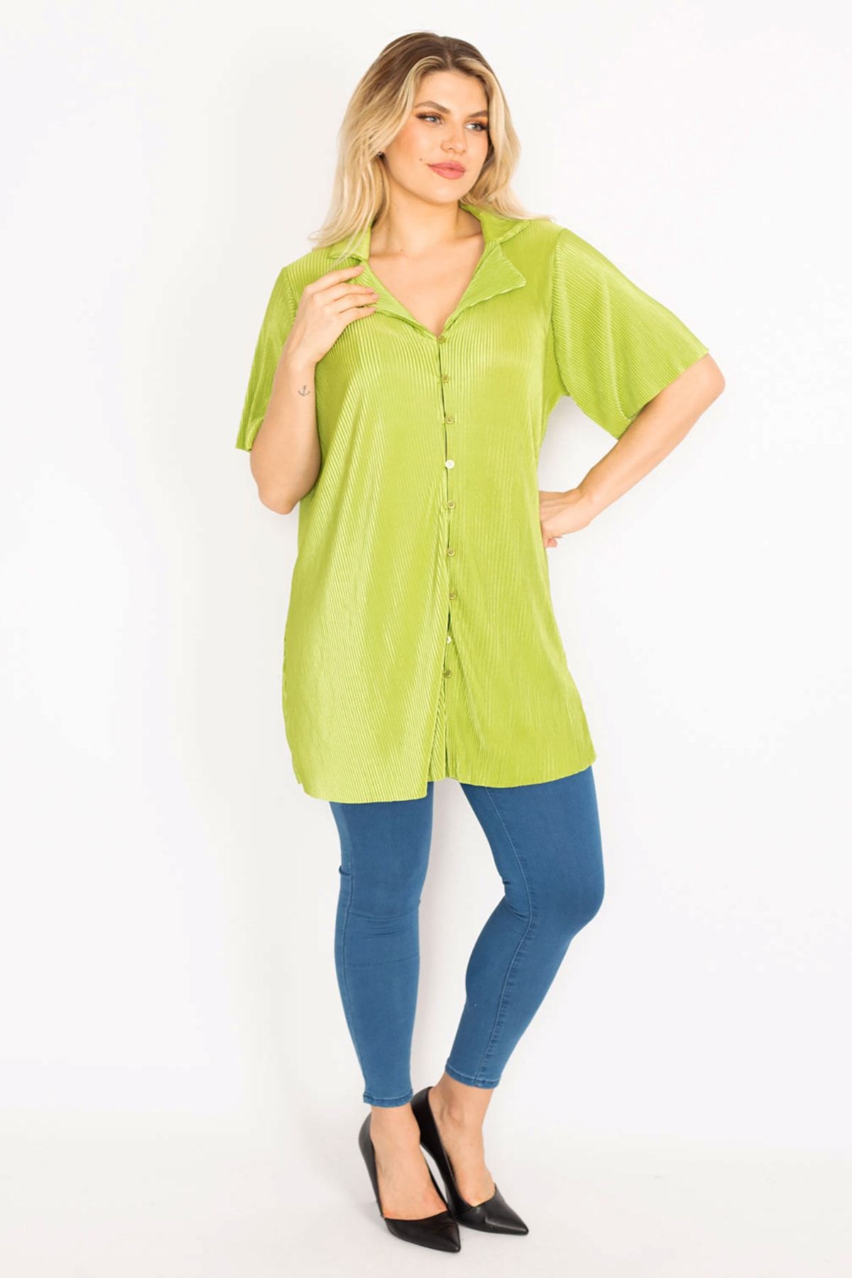 Şans Kadın Büyük Beden Yeşil Ön Düğmeli Bluz 65n35018