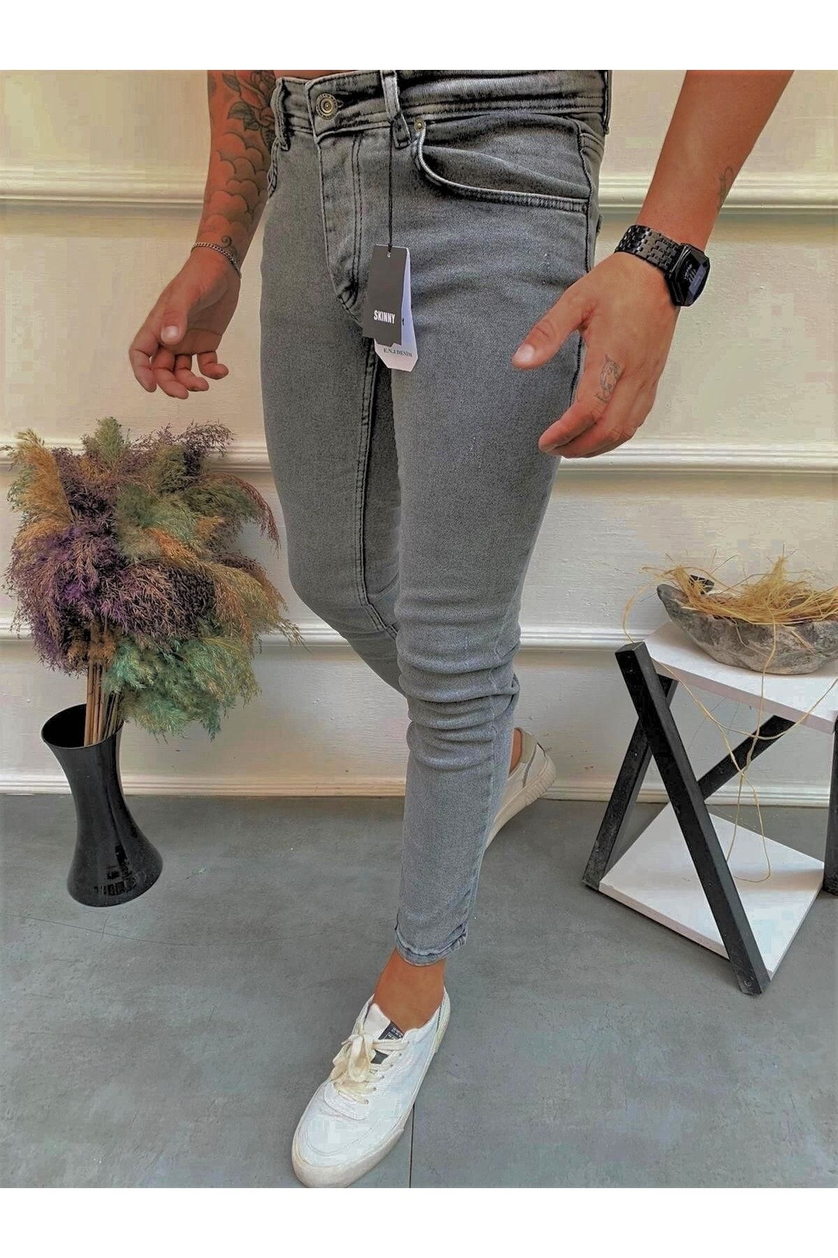 OneZero Erkek Gri Düz Yıkamalı Skinny Fit Jeans