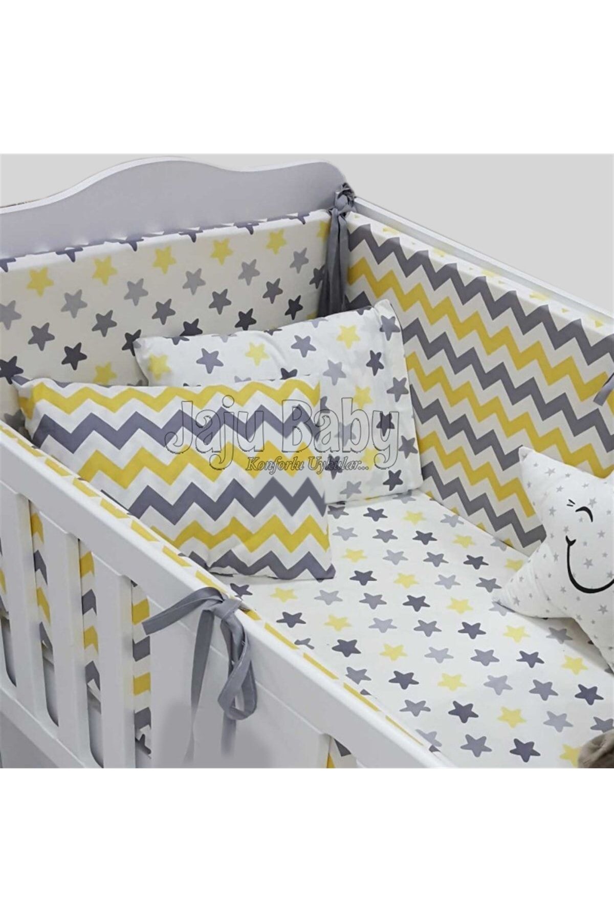 Jaju Baby Gri Zikzaklı - Yıldızlı 120x200 Bebek Montessori Nevresim Takımı Ve Kenar Koruma Uyku Seti