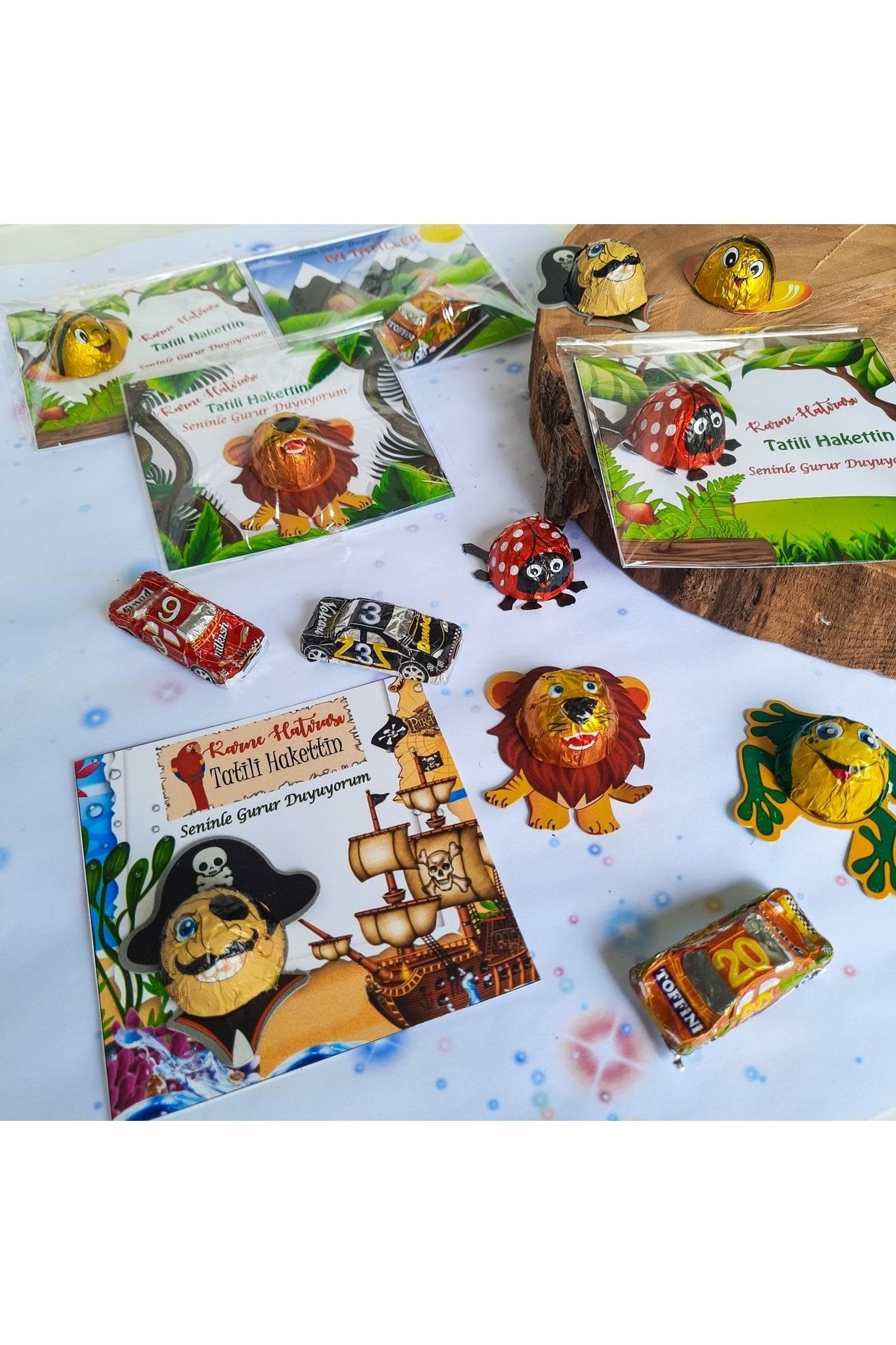 Atolye Doruk 8 Adet Çocuklar Için Karne Hediyesi-renkli Aslan-korsan-arı-araba Konsepti Figürlü Çikolata Hediye