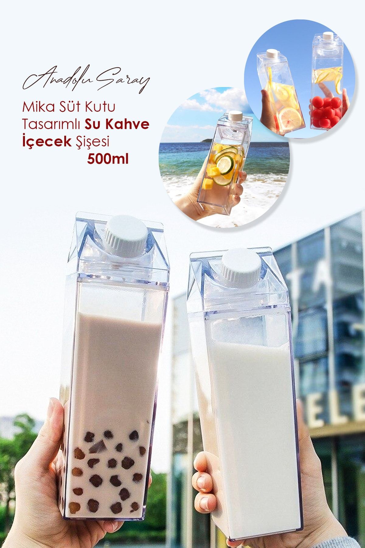 Anadolu Saray Çarşısı 500ml Mika Süt Kutu Tasarımlı Su Kahve Içecek Şişesi | Cam Değildir | Kahve Ve Sunum Bardağı -1 Adet
