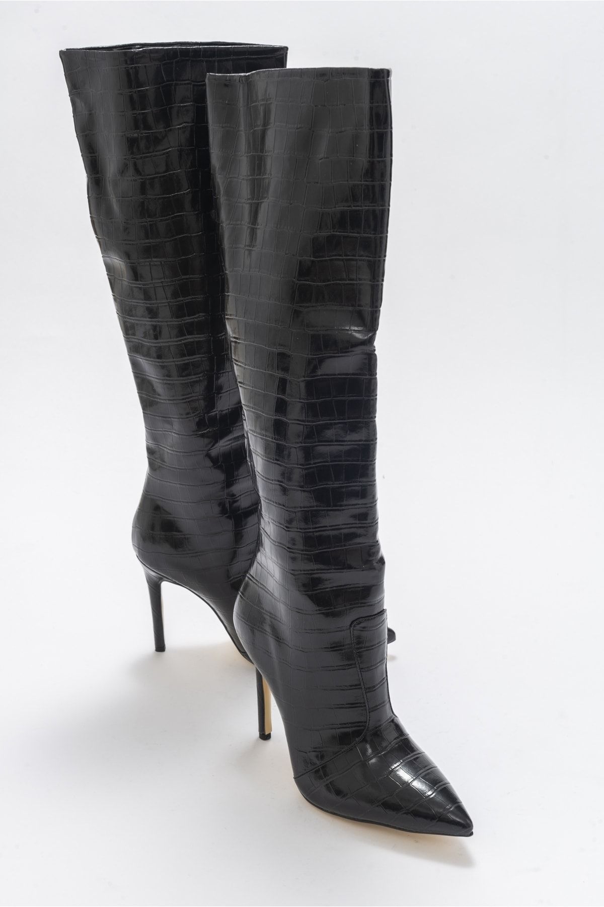 luvishoes Navy Siyah Baskılı Kadın Topuklu Çizme