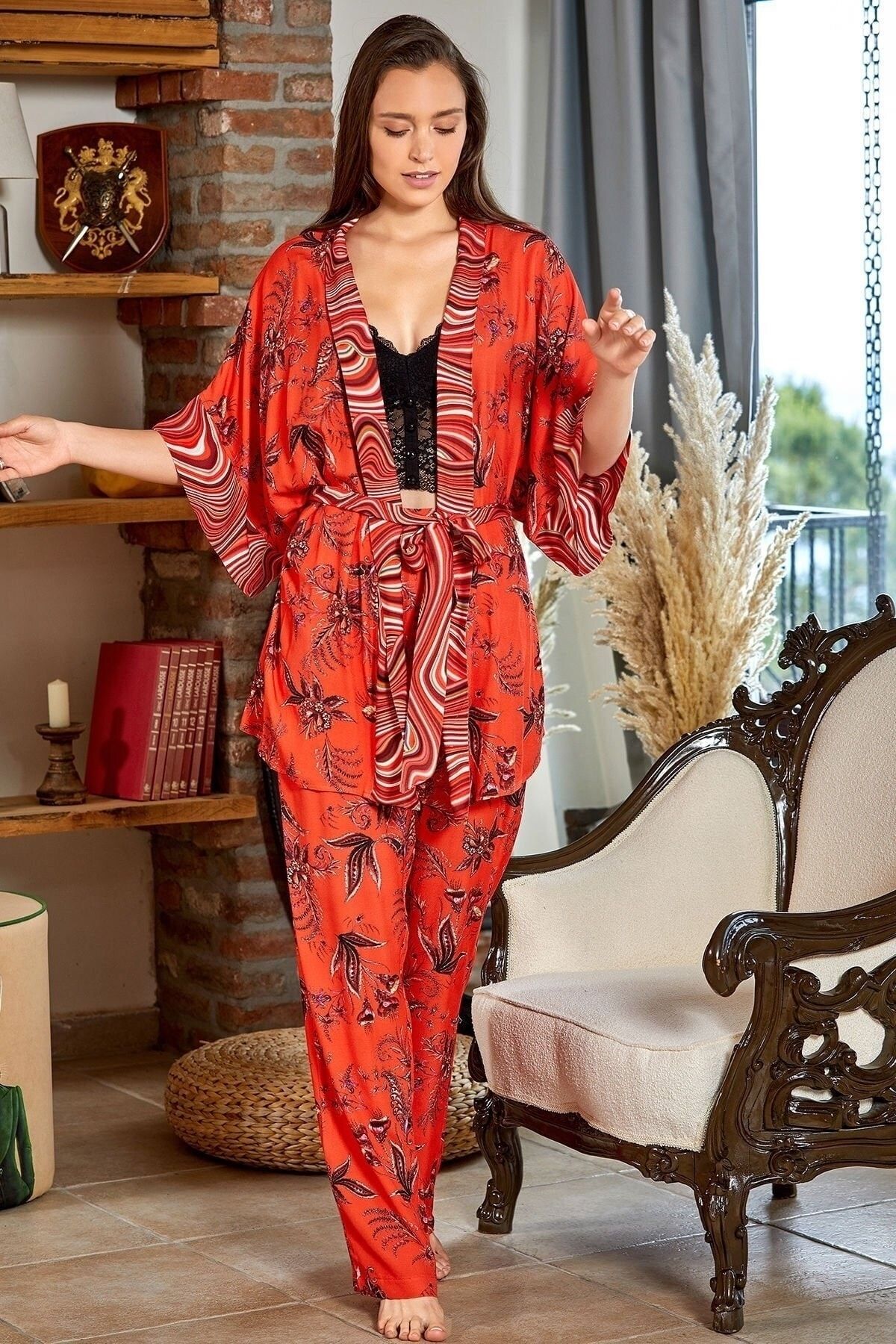 Aqua Cossy By 23046 B Kimono Sabahlık Ve Dantel Bralet Detaylı 3'lü Pijama Takım