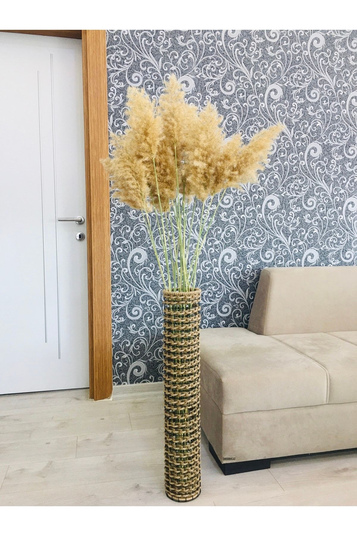 Asenya Hasır Örgü Vazo 70 Cm Ters Örgülü Tasarım Vazo Çiçeklik Yapay Çiçek Vazosu Dekoratif Saksı