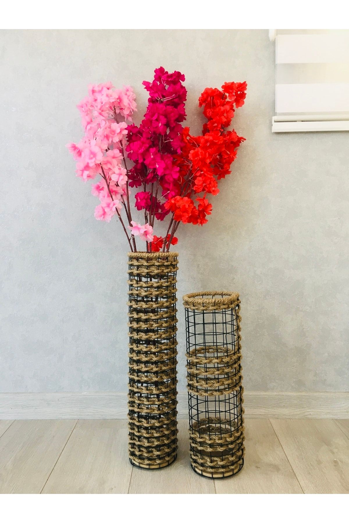 Asenya Hasır Örgü Vazo 2 Li Set 50 Cm Ve 40 Cm Çiçeklik Yapay Çiçek Vazosu Dekoratif Saksı