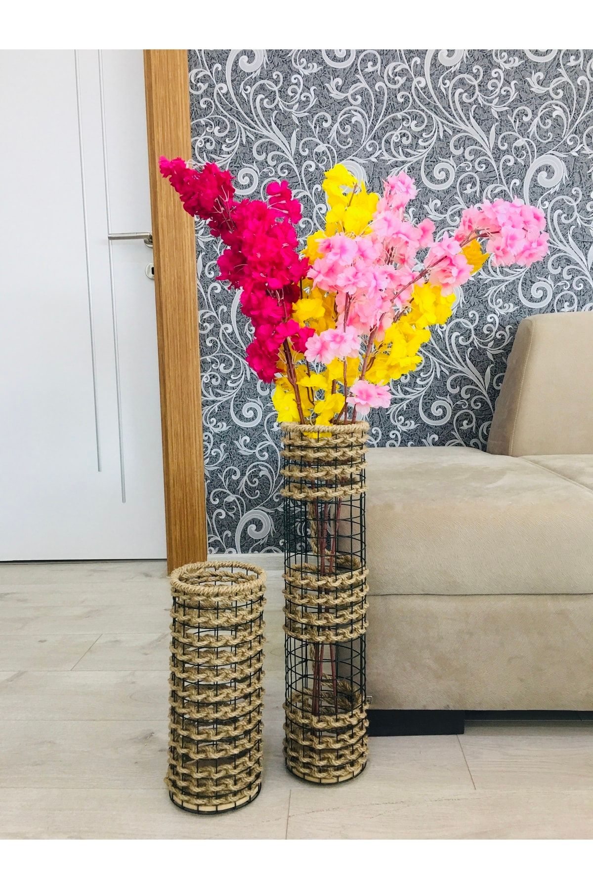Asenya Hasır Örgü Vazo 2 Li Set 25 cm Ve 50 cm Çiçeklik Yapay Çiçek Vazosu Dekoratif Saksı