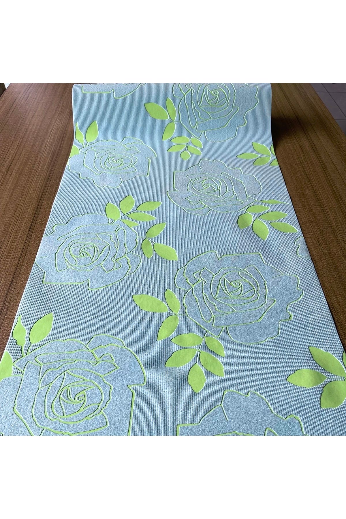 BAŞYAPI DİZAYN Mavi Zemin Üzeri Yeşil Çiçekli Ithal Duvar Kağıdı (5m²)