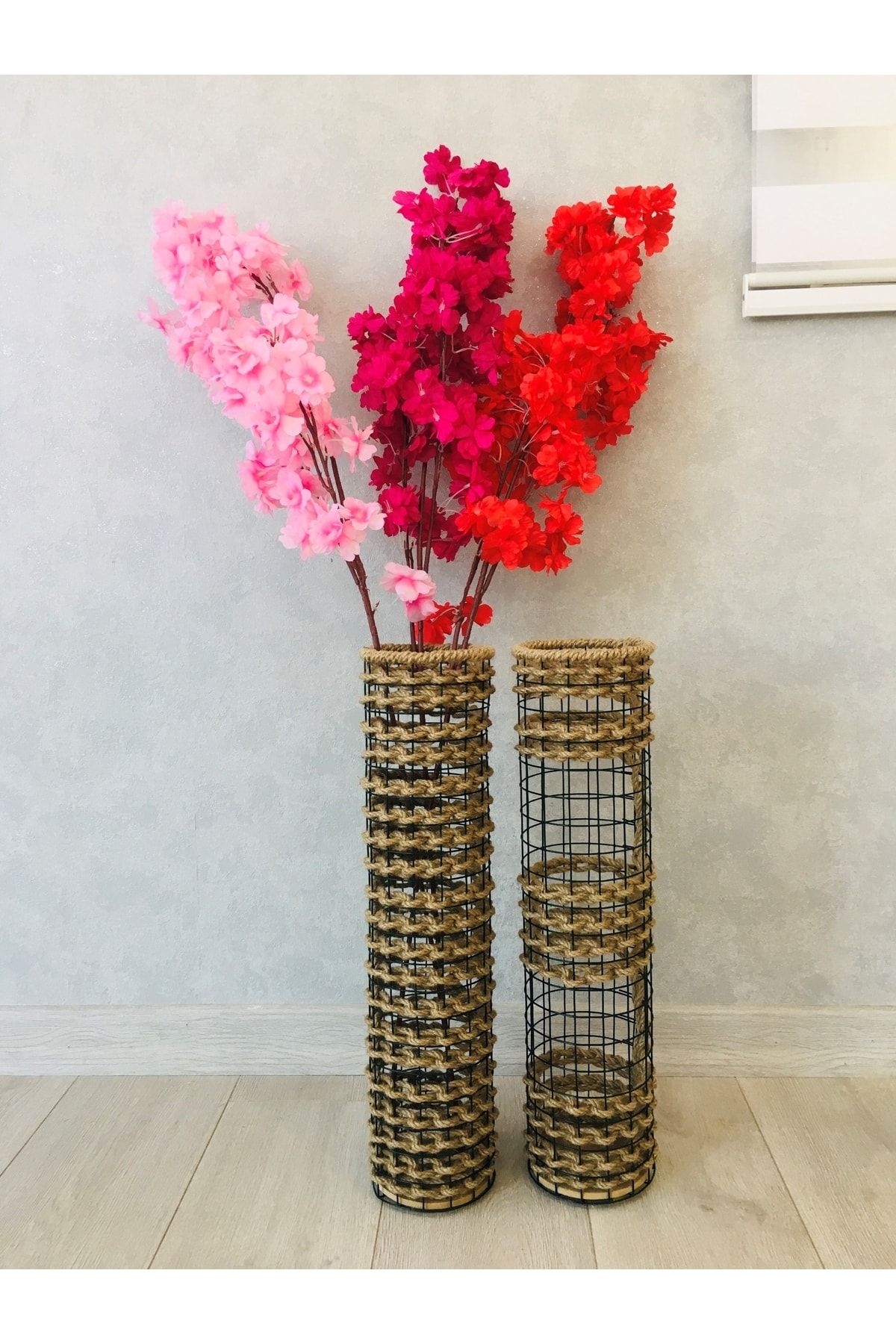 Asenya Hasır Örgü Vazo 2 Li Set 50 Cm Ve 50 Cm Çiçeklik Yapay Çiçek Vazosu Dekoratif Saksı
