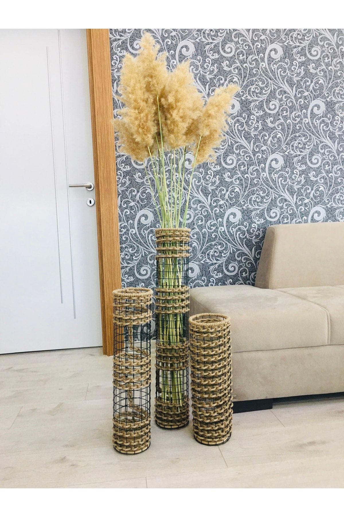 Asenya Hasır Örgü Vazo 3 Lü Set 40 Cm 50 Cm 70 Cm Çiçeklik Yapay Çiçek Vazosu Dekoratif Saksı