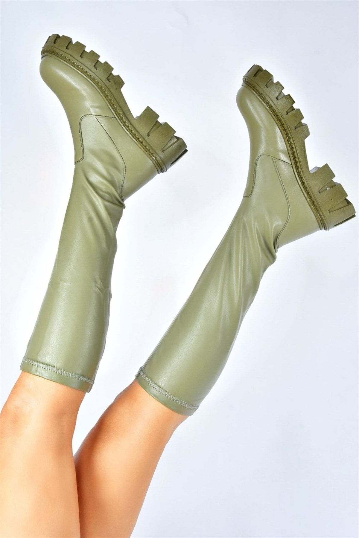 Fox Shoes Yeşil Kalın Tabanlı Streç Deri Kadın Çizme L928233409